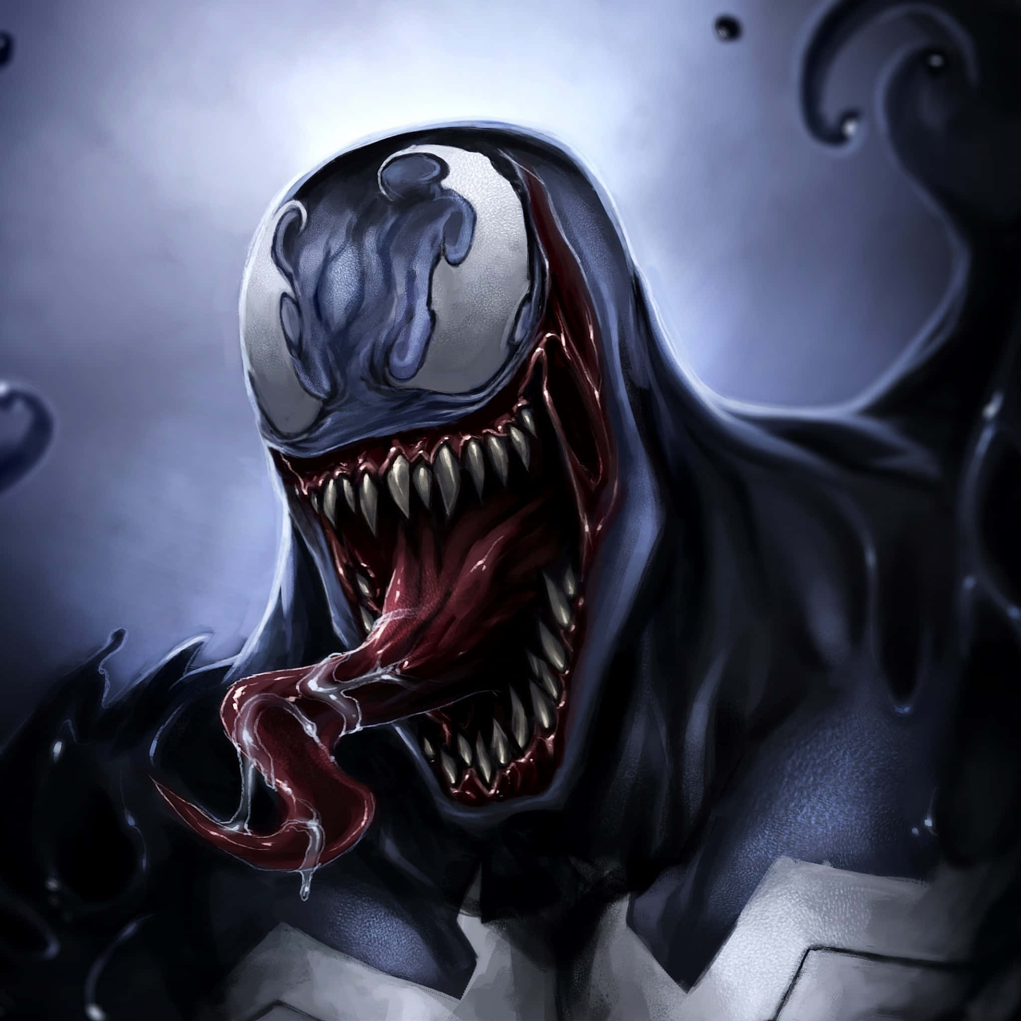 Symbiote 桌布 壁紙 — 一個帶有發光白色眼睛和鋒利牙齒的威脅性猛毒，在黑暗煙霧背景中咆哮。