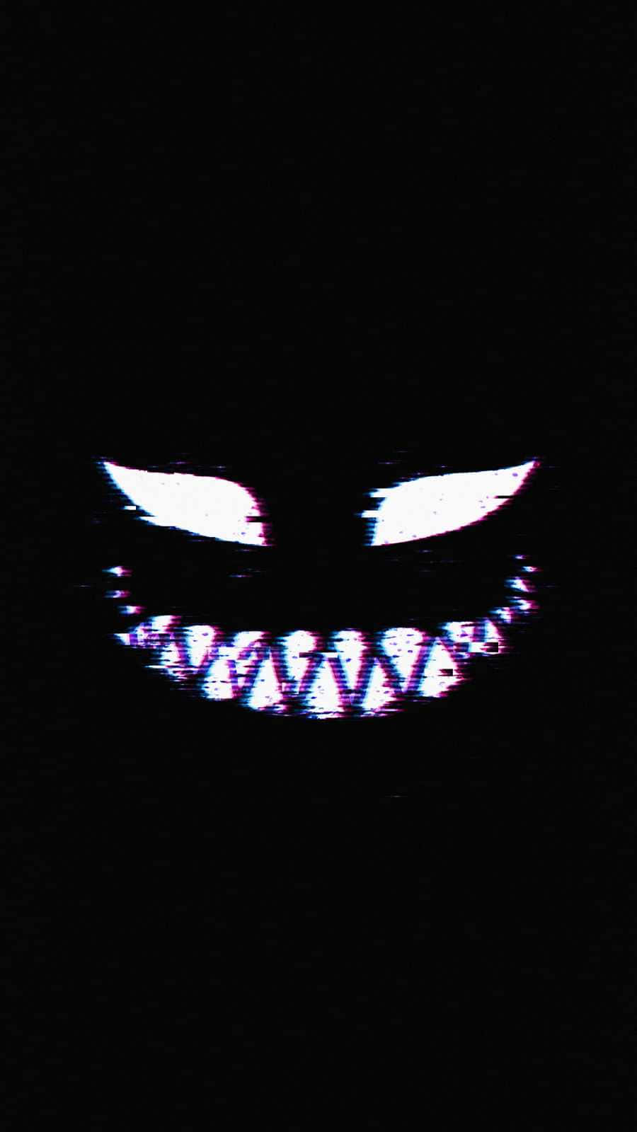 Black 桌布 壁紙 — 一個帶有發光白色眼睛和鋸齒狀牙齒的故障扭曲面孔，背景為黑色。