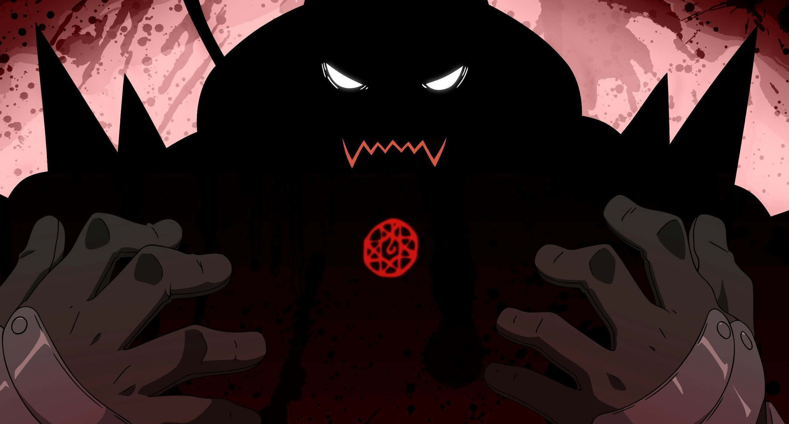 Fullmetal Alchemist 桌布 壁紙 — 一個帶有發光白色眼睛和鋸齒狀牙齒的威脅性黑色剪影，聳立在濺滿血跡的粉紅色背景上。