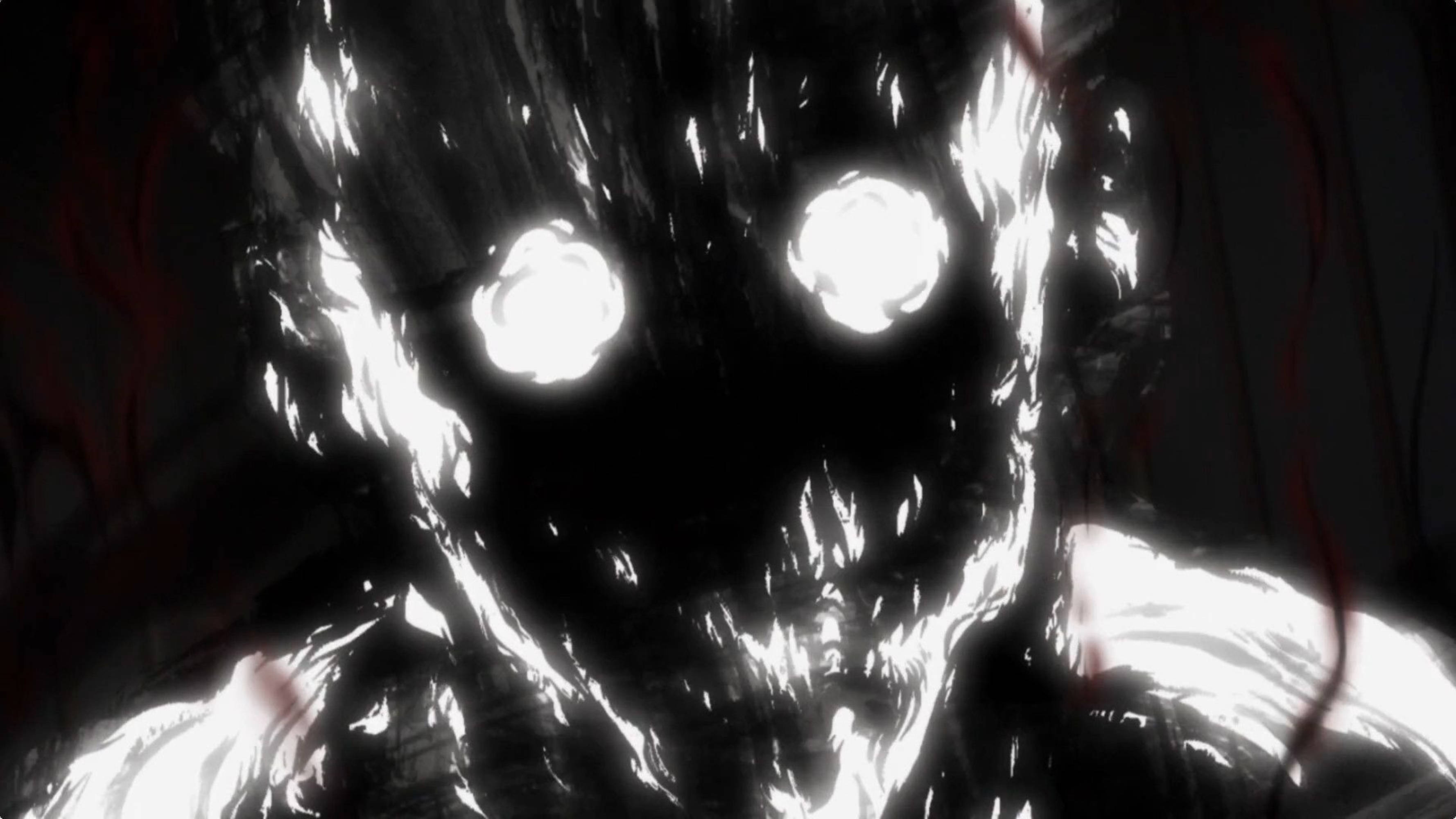 Hunter X Hunter 4K 桌布 壁紙 — 一個帶有發光白色眼睛和鋸齒狀黑色形態的威脅性動漫怪物，背景為帶有紅色條紋的黑暗背景。