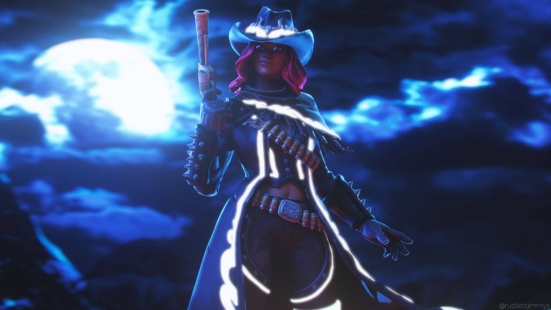 calamity fortnite 桌布 壁紙 — 一個帶有發光白色線條的賽博龐克牛仔女性，站在深藍色天空中的明亮月亮下。