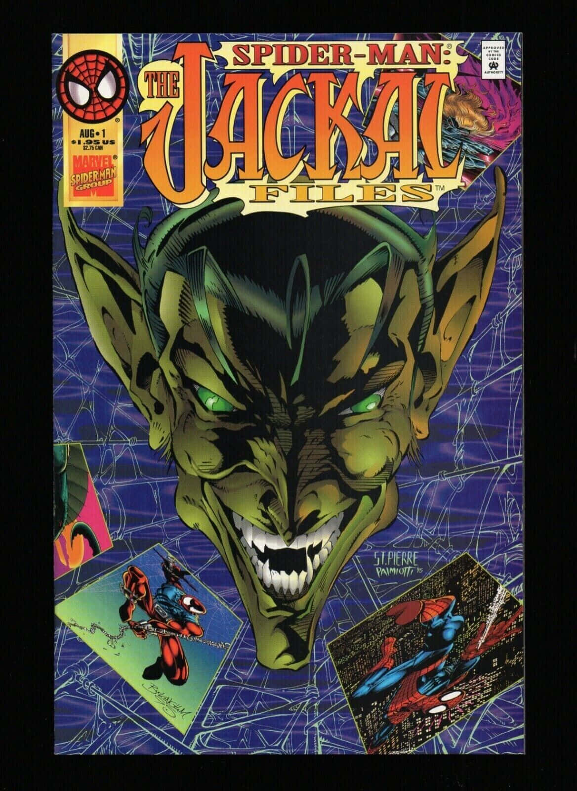 The Jackal 桌布 壁紙 — 一個帶有發光眼睛、皮膚綠色的威脅性Jackal，在動態動作場景中籠罩著蜘蛛人的漫畫面板。