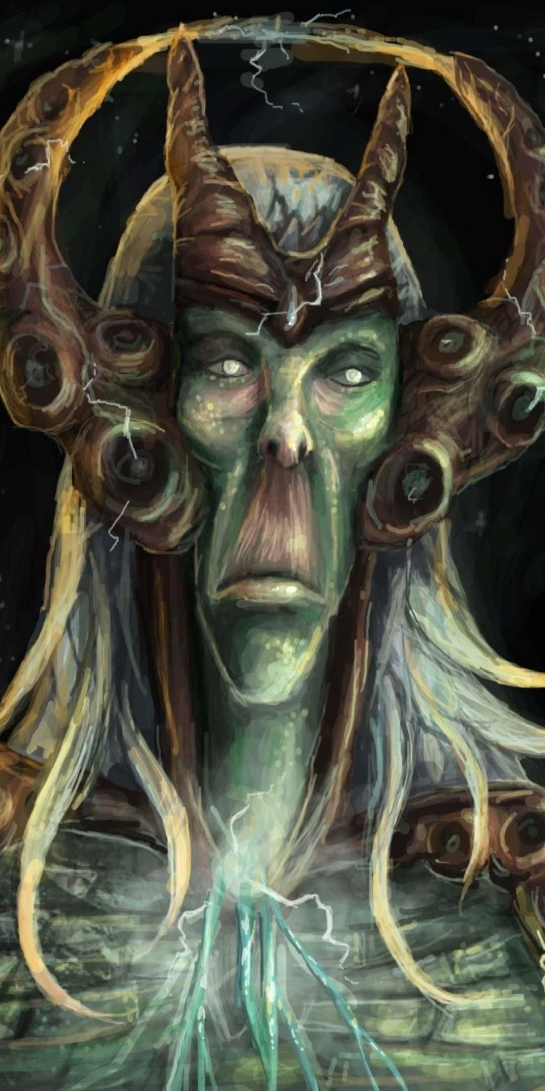 Pixel 3 Runescape Oldschool 桌布 壁紙 — 一個帶有發光眼睛、角頭和長髮周圍閃電劈啪作響的威脅性綠色皮膚惡魔。