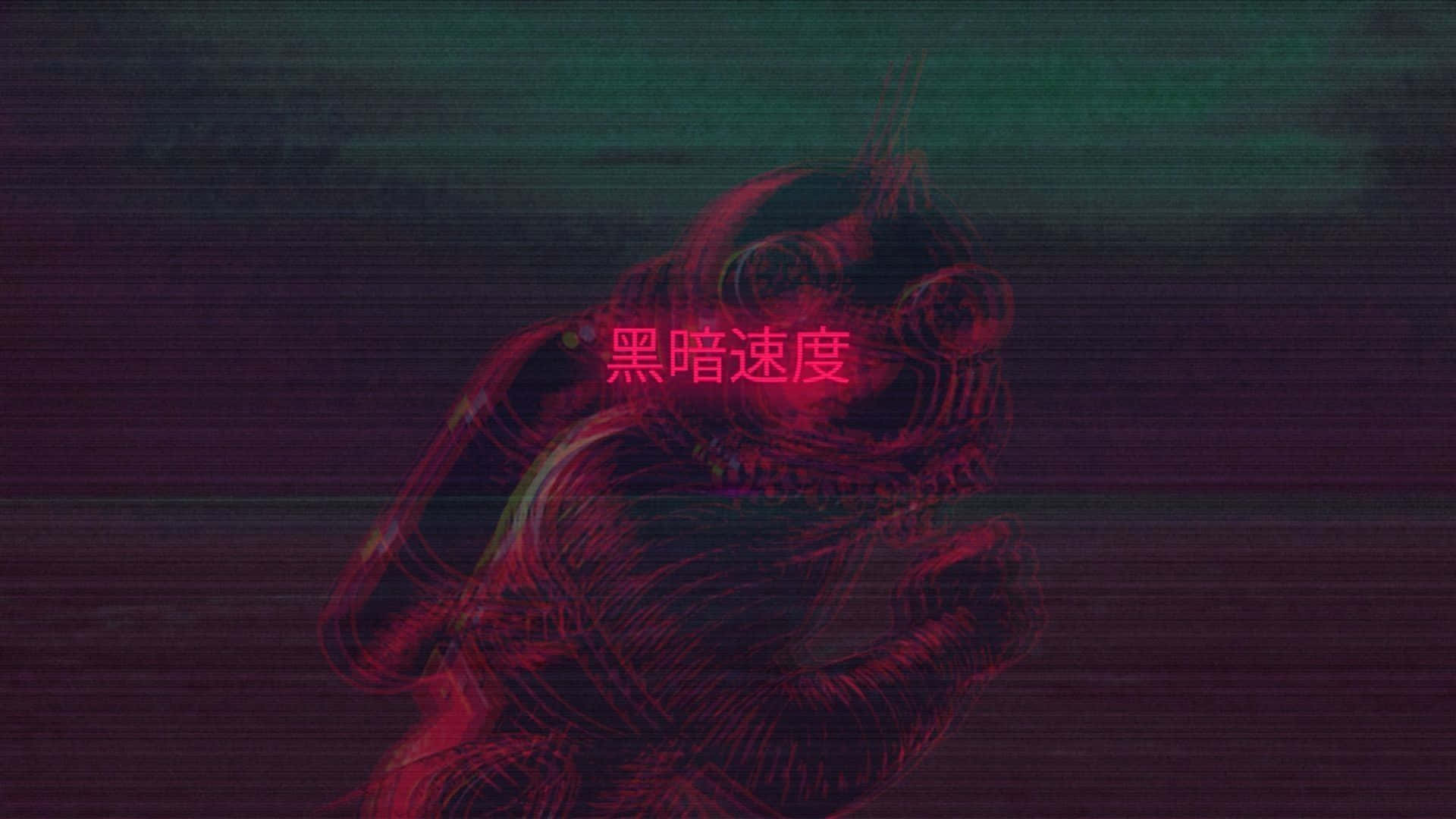 桌布 壁紙 — 一個帶有發光眼睛和中文文字的怪物輪廓，以暗青色背景襯托，呈現故障藝術風格的紅色線條。