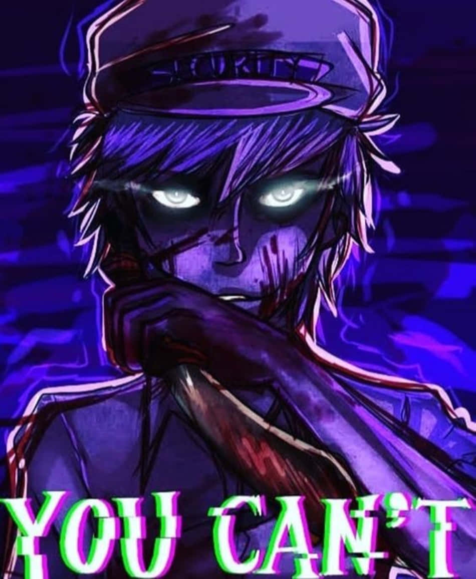 William Afton 桌布 壁紙 — 一個帶有發光眼睛和保全帽的威脅性動漫角色，在深紫色背景上拿著沾血的球棒。