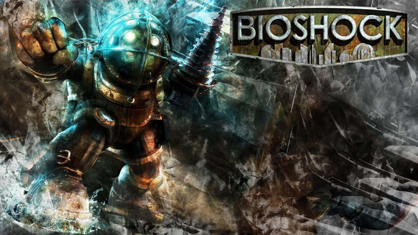 桌布 壁紙 — 一個帶有發光眼睛和尖刺武器的威脅性裝甲潛水員從湍急的水中出現，背景粗糙。