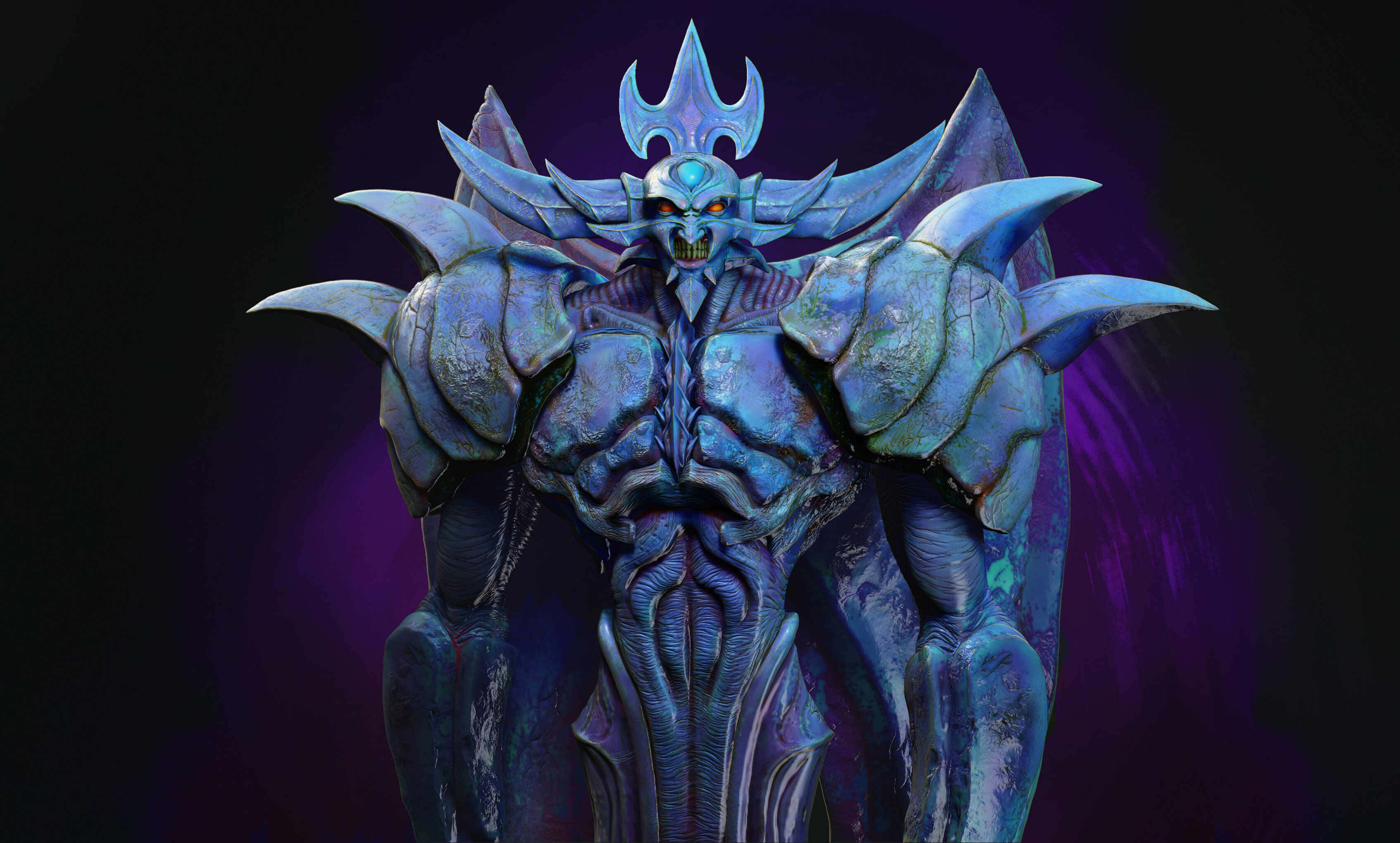 Obelisk The Tormentor 桌布 壁紙 — 一個帶有發光眼睛和尖刺盔甲的威脅性藍色盔甲惡魔，站在深紫色背景前。