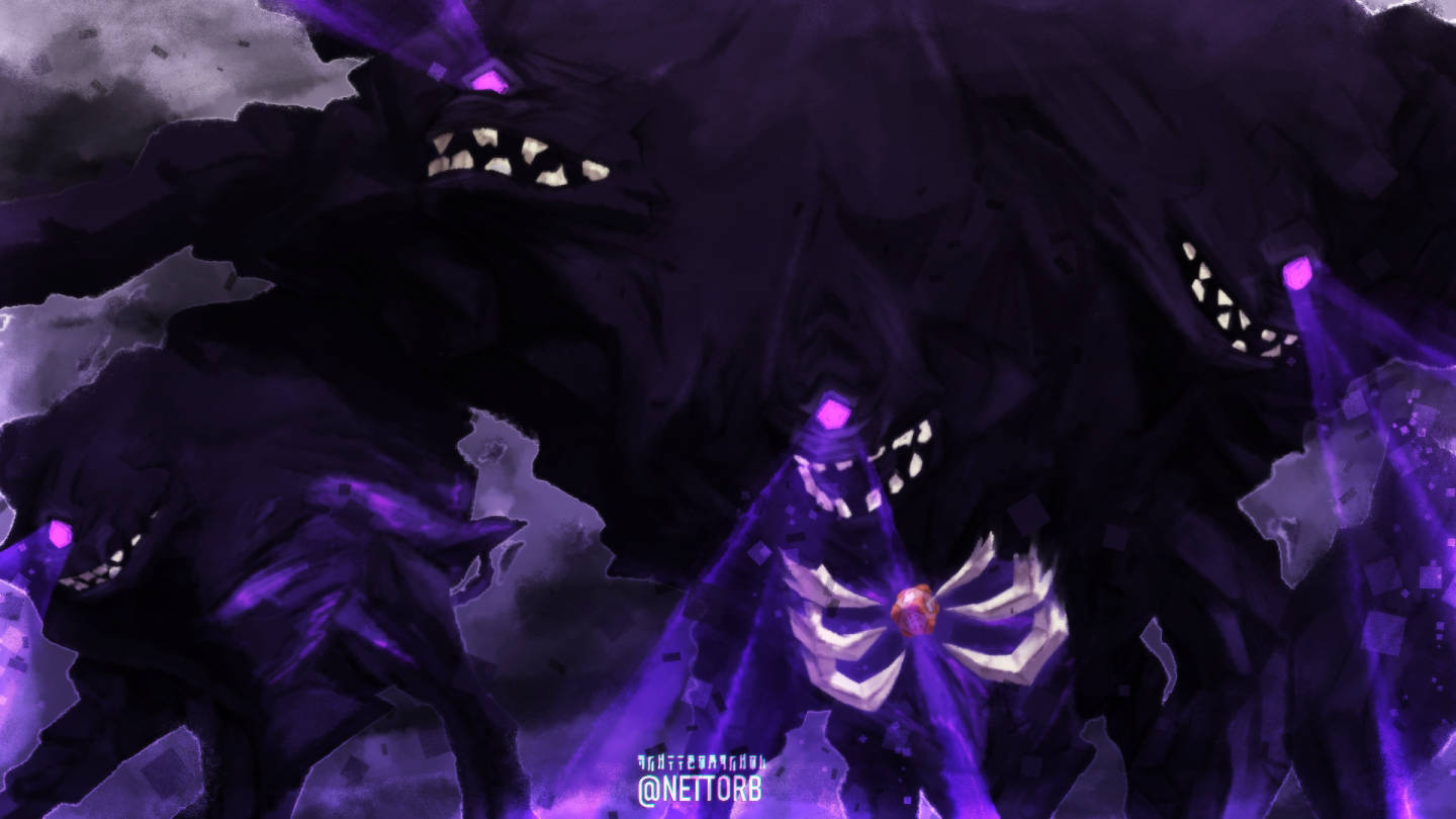 Wither 桌布 壁紙 — 一個帶有發光眼睛和尖銳牙齒的威脅性紫色惡魔生物，在黑暗、暴風雨的氛圍中籠罩著一個中心人物。
