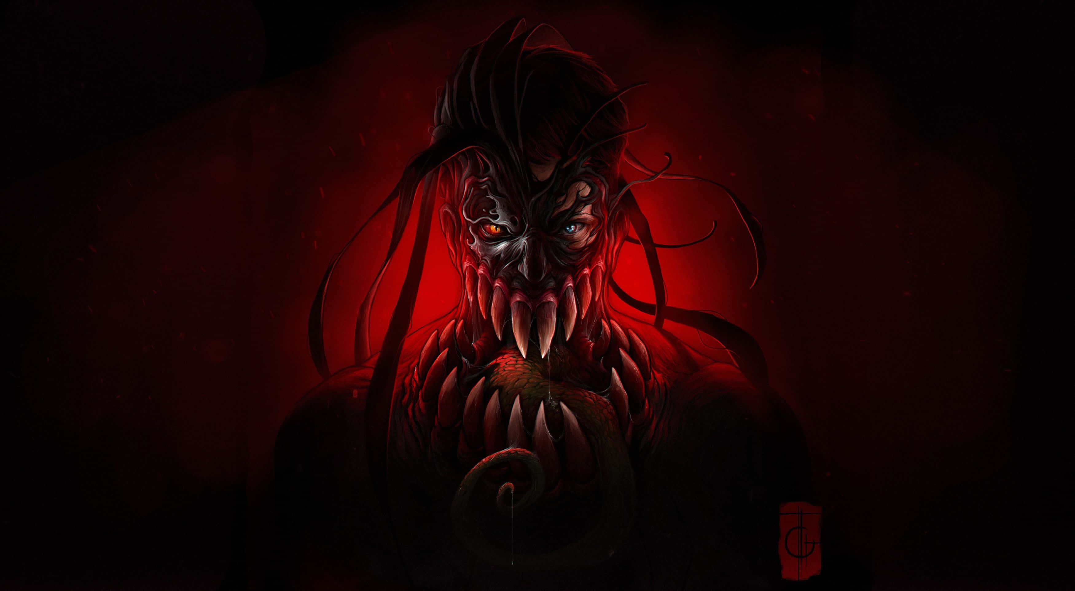 惡魔動圖 桌布 壁紙 — 一個帶有發光眼睛和尖銳牙齒的威脅性惡魔形象從沐浴在邪惡紅光中的黑暗中浮現。