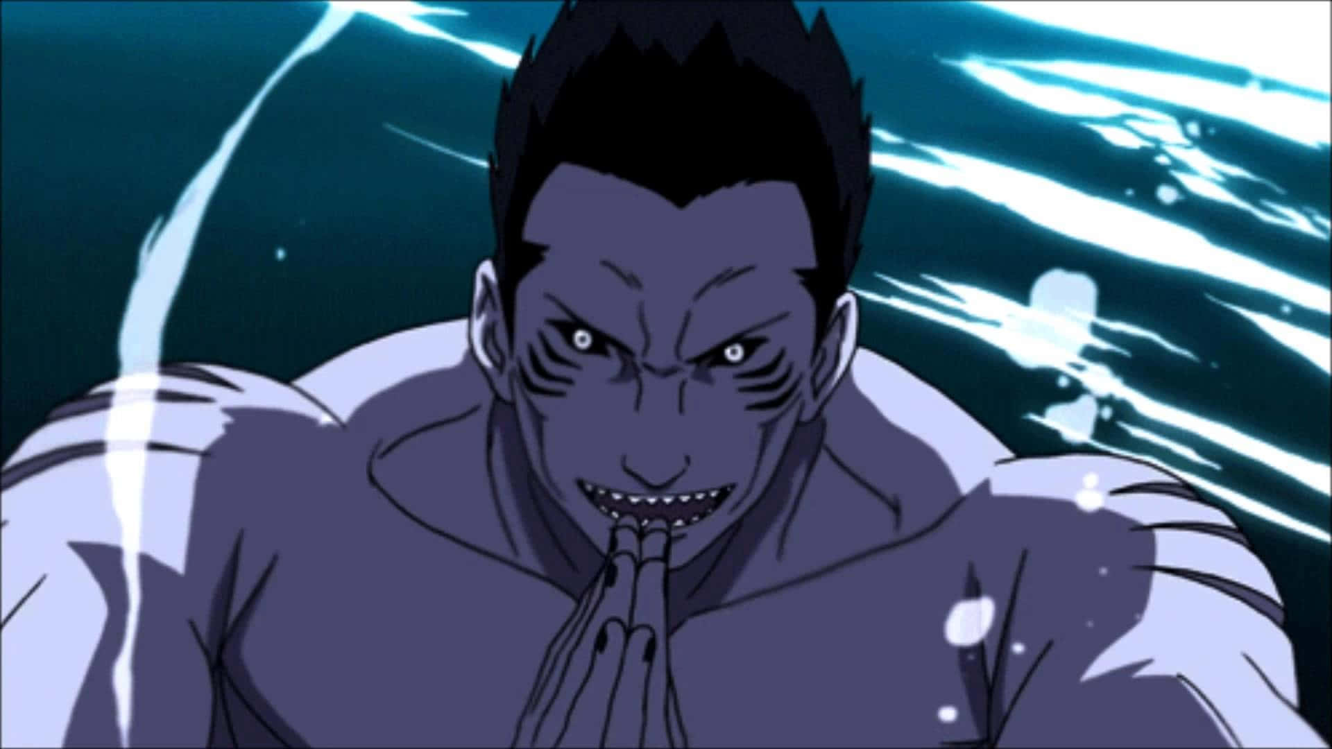 Kisame 桌布 壁紙 — 一個帶有發光眼睛和尖銳牙齒的威脅性動漫角色，在深藍色能量背景前緊握拳頭。