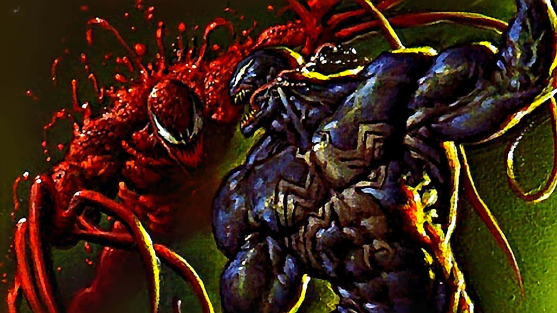 Spider Carnage 桌布 壁紙 — 一個帶有發光眼睛和尖銳牙齒的威脅性藍色共生生物，在深綠色背景上與一個紅色觸手怪物發生衝突。