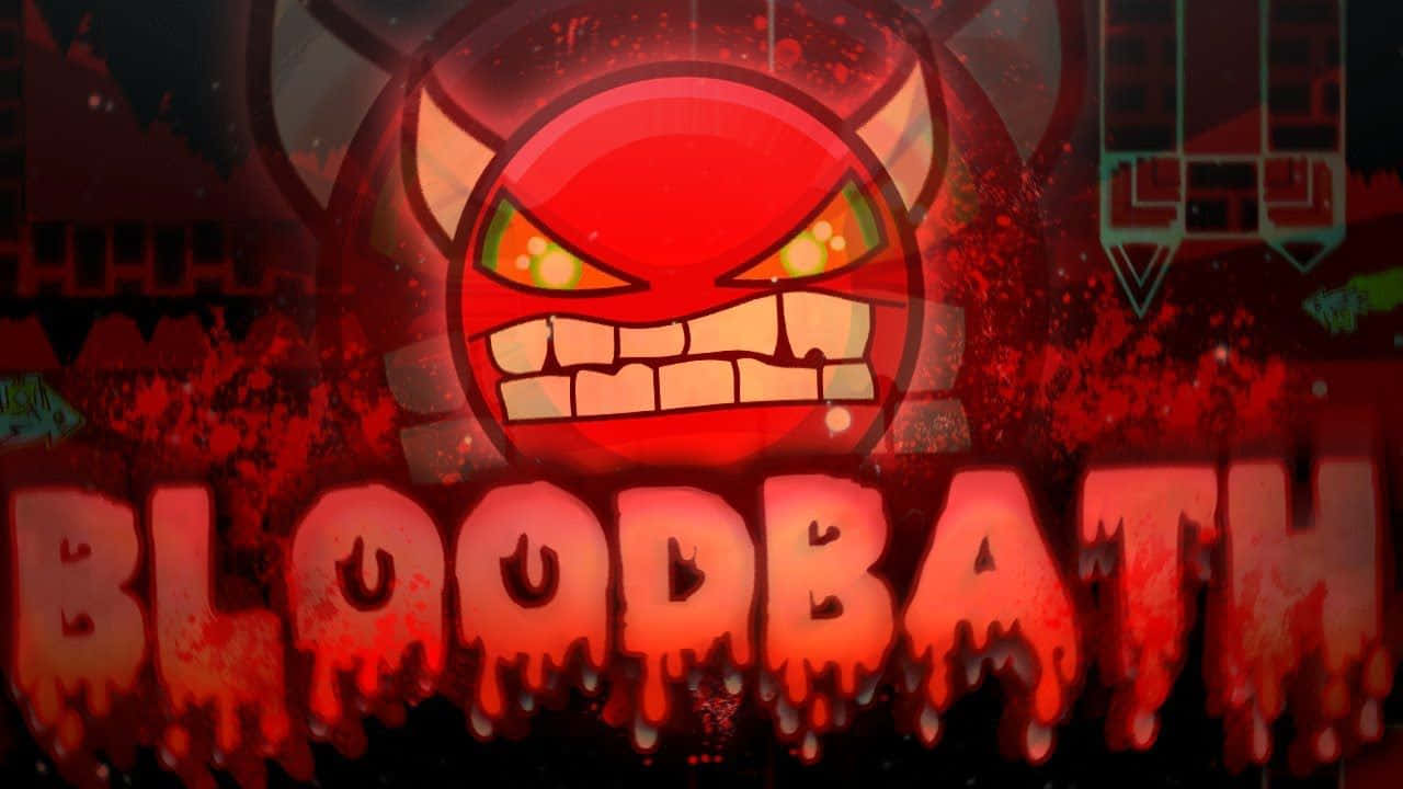 Geometry Dash 桌布 壁紙 — 一個帶有發光眼睛和尖銳牙齒的威脅性紅色卡通魔鬼面孔，懸浮在滴落深紅色字母的「BLOODBATH」一詞上方。