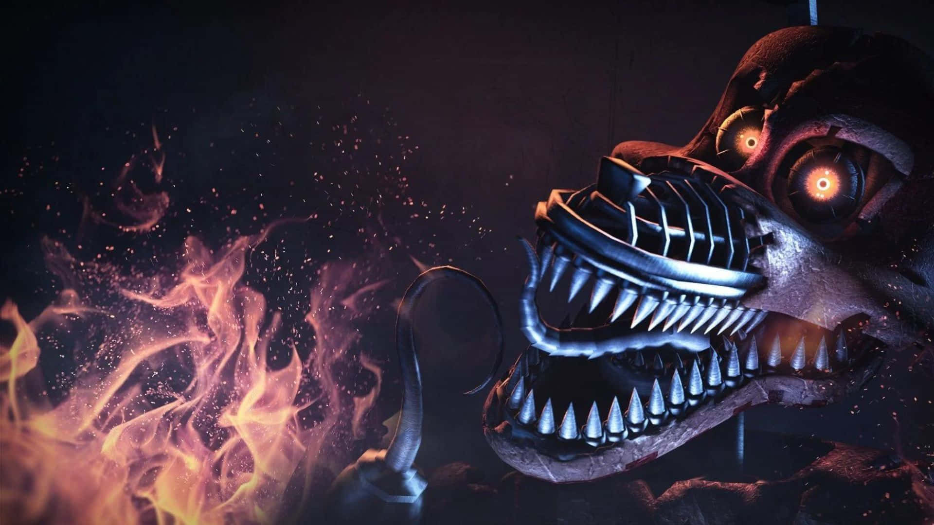 Fnaf Jumpscare 桌布 壁紙 — 一個帶有發光眼睛和尖銳牙齒的威脅性電子動畫從黑暗詭異環境的火焰中出現。
