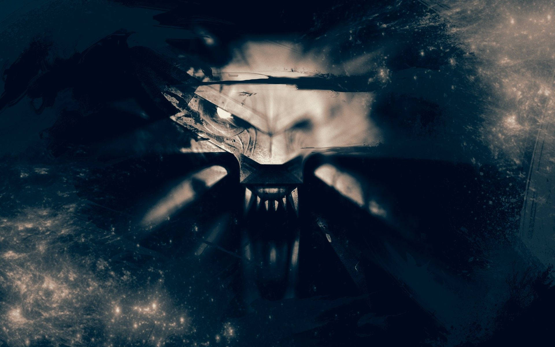 巫師 桌布 壁紙 — 一個帶有發光眼睛和尖銳牙齒的威脅性生物從被星場包圍的宇宙黑暗中出現。