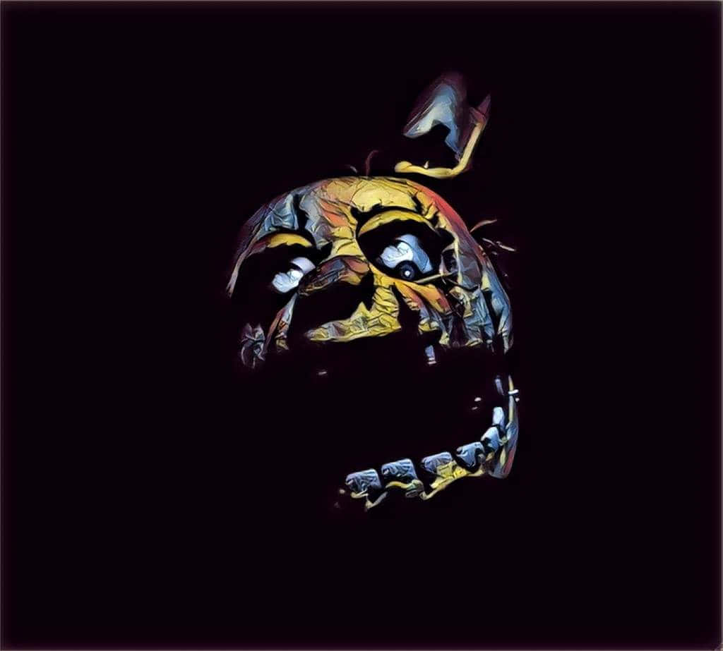 Springtrap 桌布 壁紙 — 一個帶有發光眼睛和尖銳牙齒的威脅性黃色電子動畫面孔從黑暗中凝視。