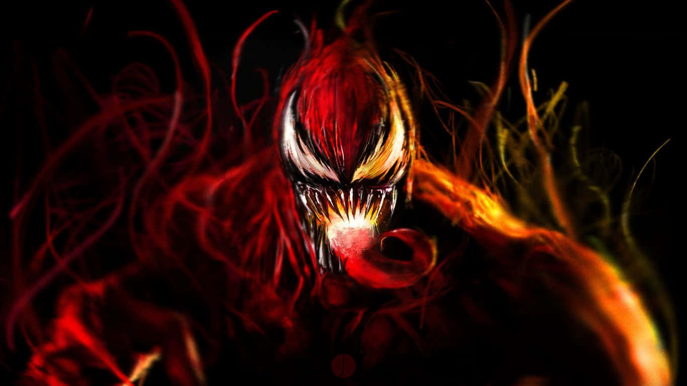 1366x768 Marvel 桌布 壁紙 — 一個帶有發光眼睛和尖銳牙齒的威脅性紅黑共生生物，從黑暗中出現，周圍環繞著旋轉的火焰觸手。