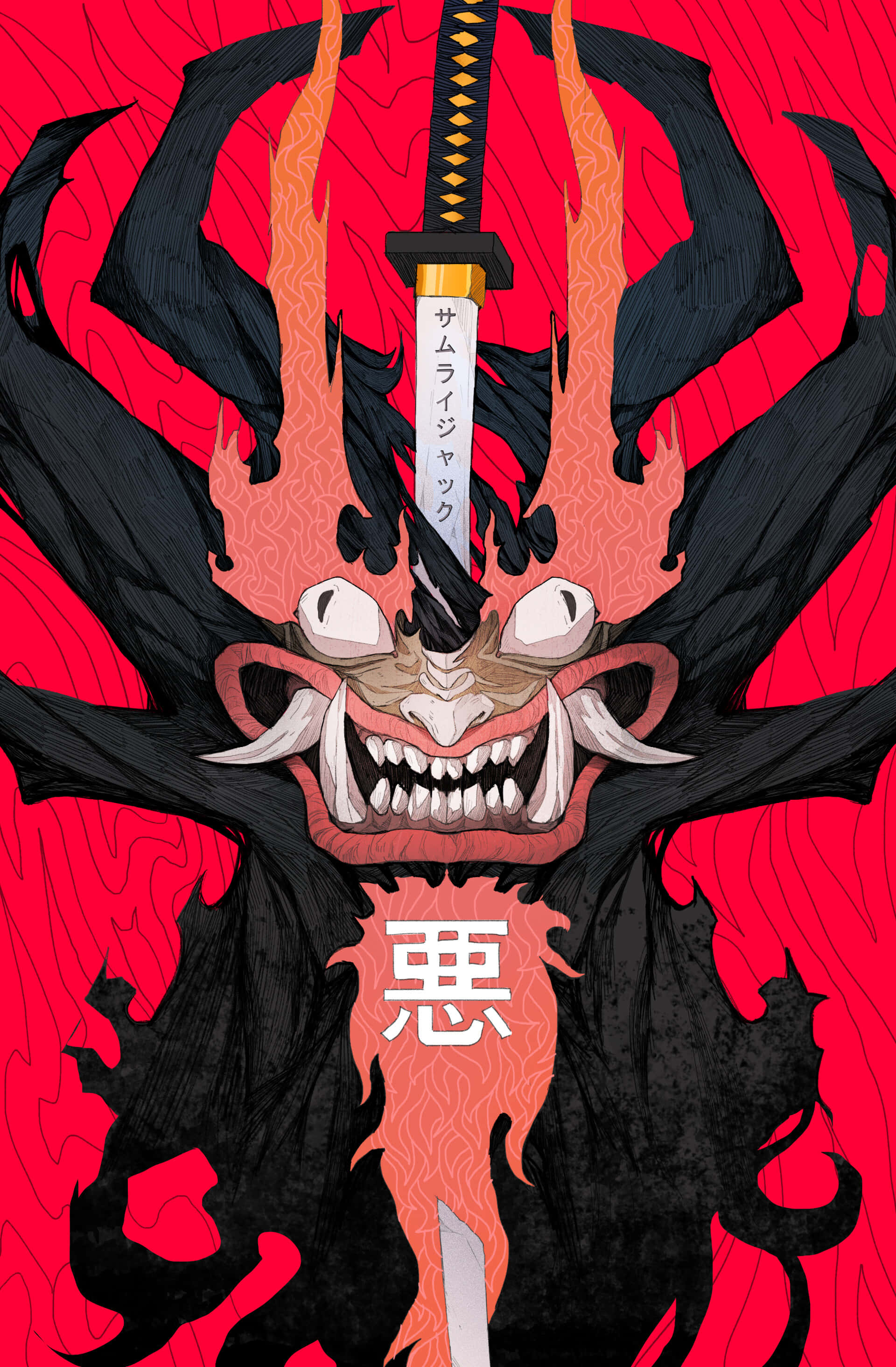 武士傑克，過去、未來與現在的冠軍。 壁紙 — 一個帶有發光眼睛和尖銳牙齒的威脅性鬼怪，手持一把刀穿過額頭，背景是火紅色的。