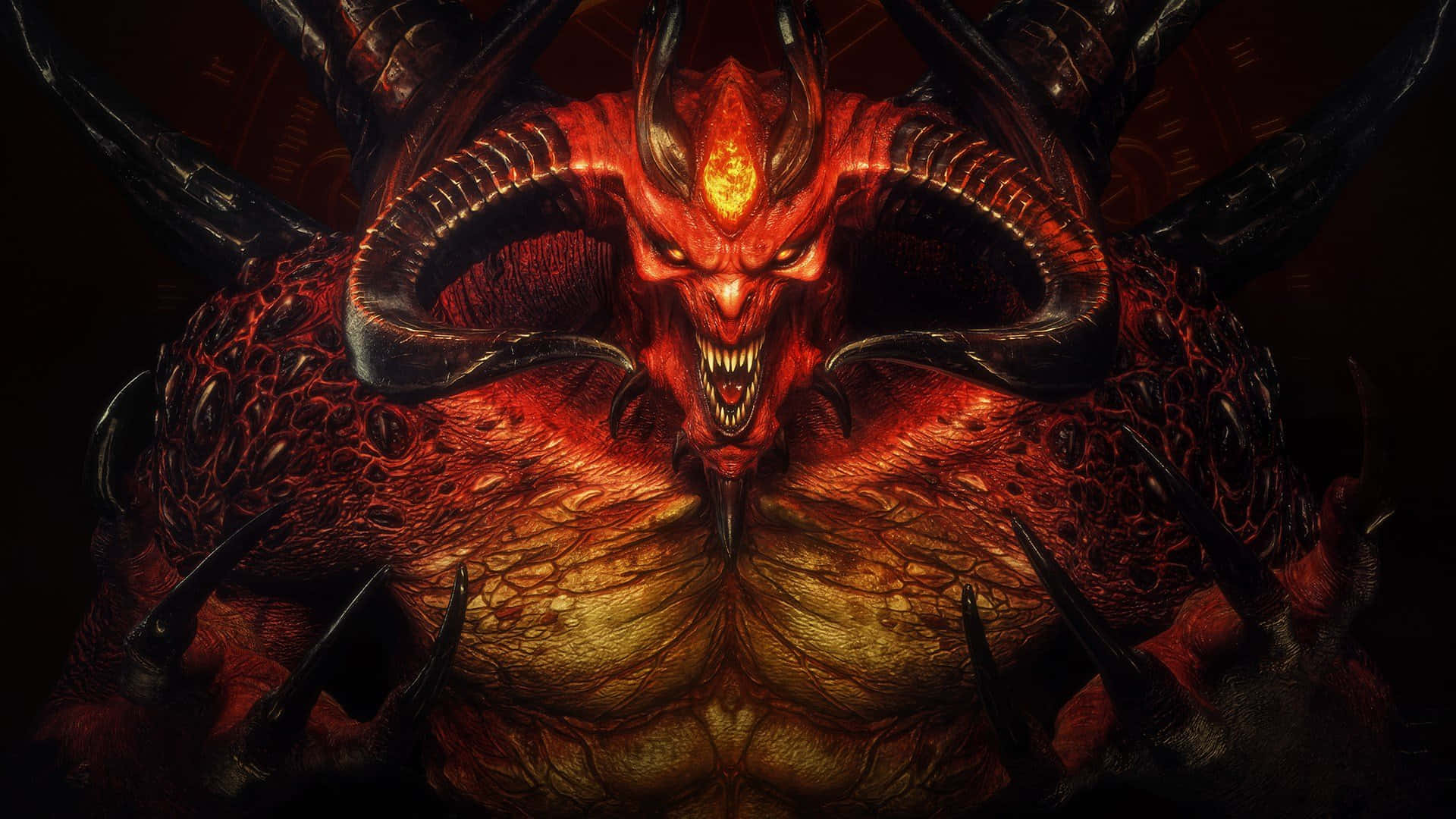 Diablo 2 Resurrected 桌布 壁紙 — 一個帶有發光眼睛和巨大角的威脅性紅色惡魔在黑暗背景中咆哮。