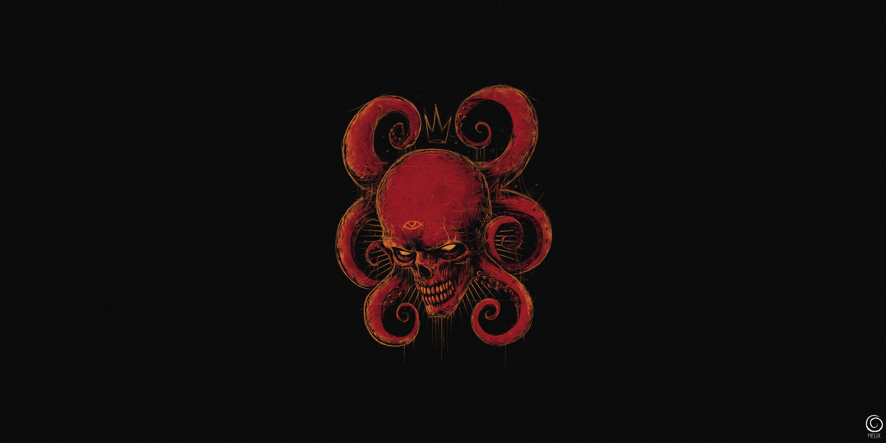 Red Skull 桌布 壁紙 — 一個帶有發光眼睛和捲曲觸手的紅色章魚頭骨，在黑色背景上顯得兇猛。