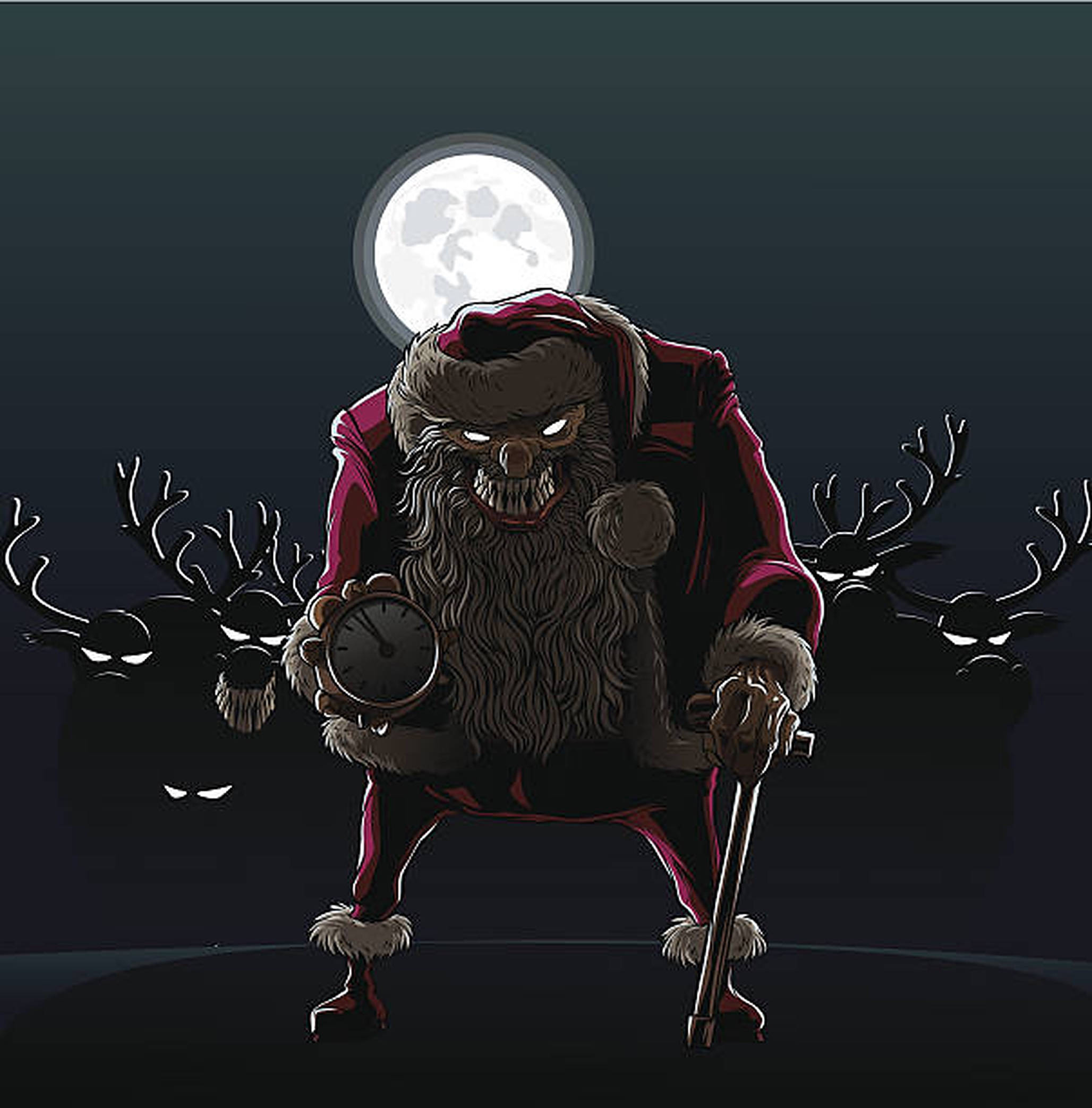 evil 桌布 壁紙 — 一個帶有發光眼睛和時鐘的可怕聖誕老人，在滿月下拿著手杖，身後有陰影馴鹿若隱若現。