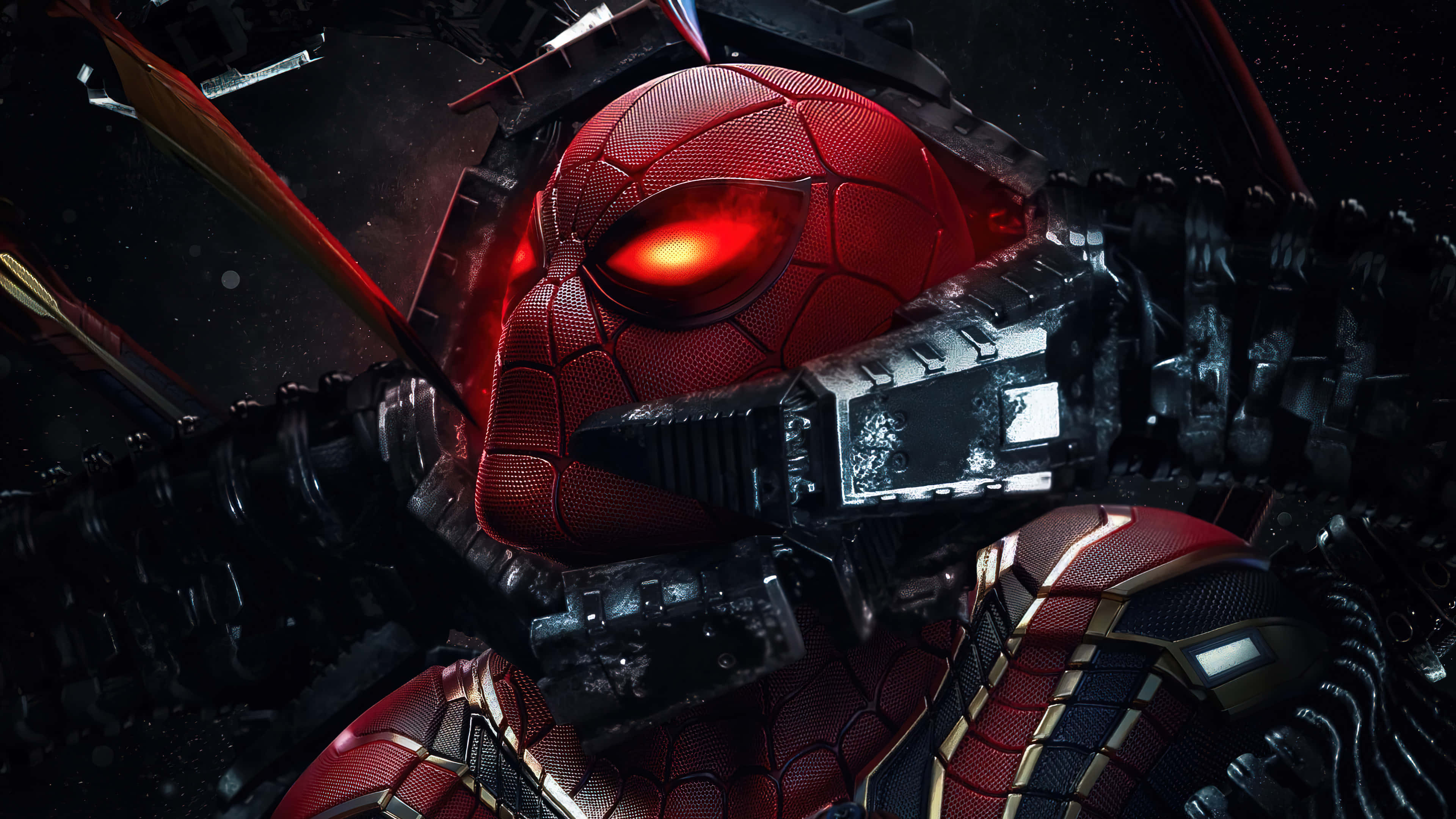 Spider Man No Way Home 桌布 壁紙 — 一個帶有發光眼睛和機械增強裝置的威脅性紅色裝甲蜘蛛英雄，站在黑暗的星空背景下。