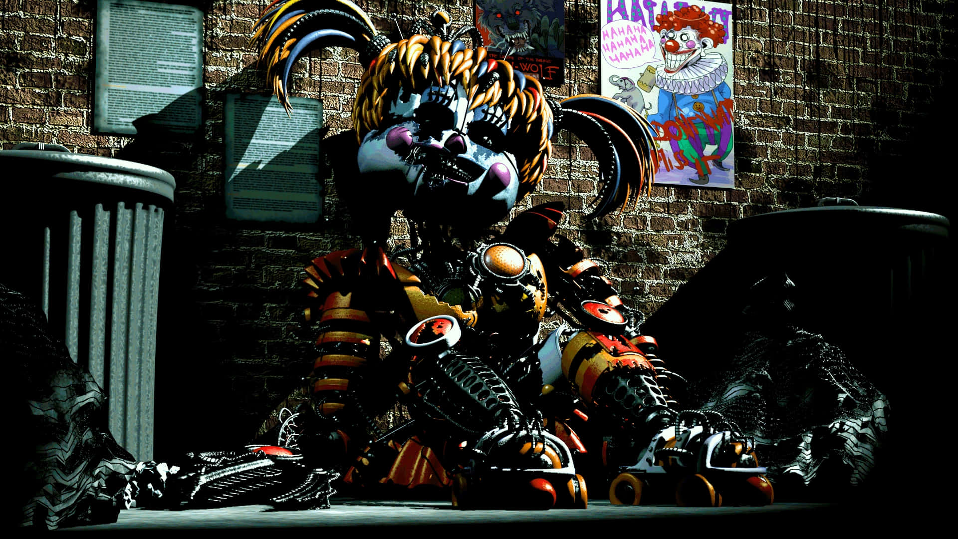 Scrap Baby 桌布 壁紙 — 一個帶有發光眼睛和溜冰鞋的恐怖電子動畫小丑坐在昏暗的後巷中，靠著磚牆。
