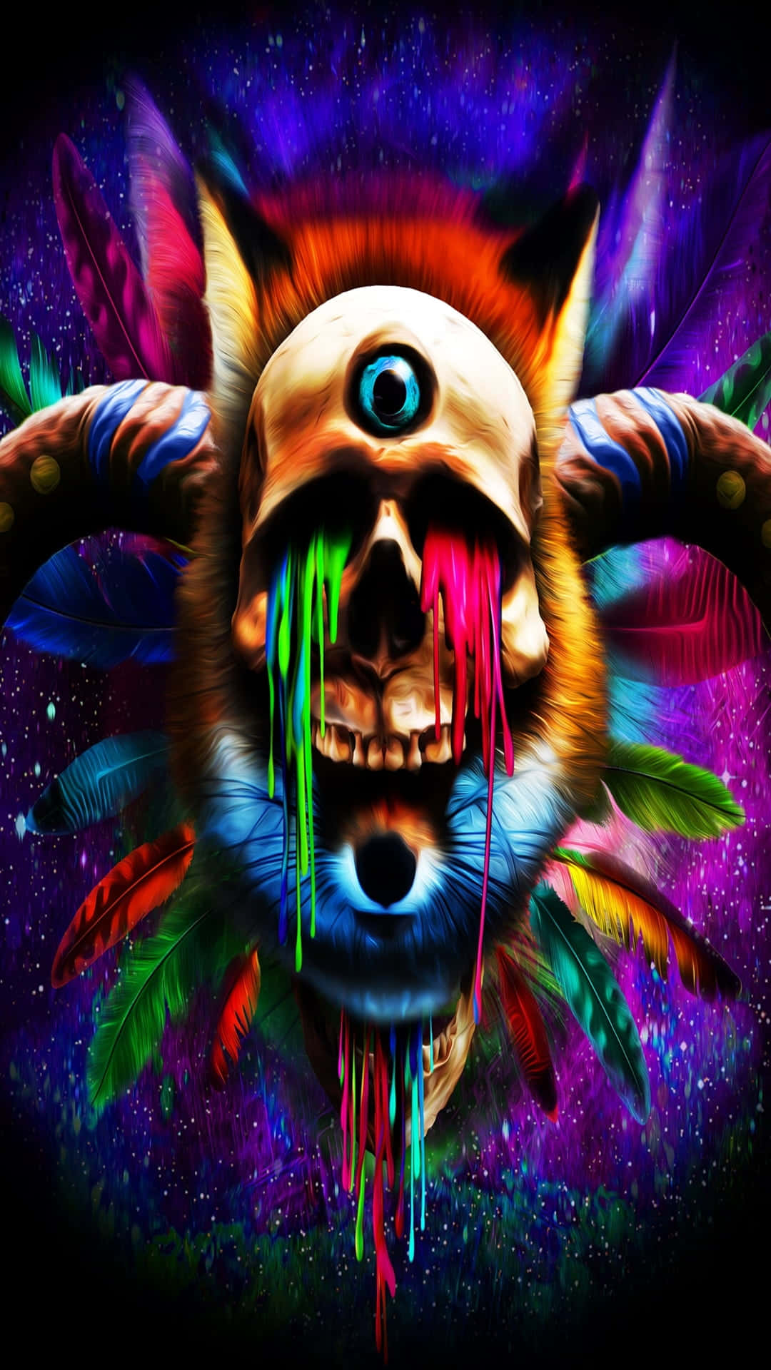 Trippy Art 桌布 壁紙 — 一個帶有發光眼睛和滴落霓虹漆的迷幻頭骨，周圍環繞著色彩繽紛的羽毛，背景是宇宙星空。