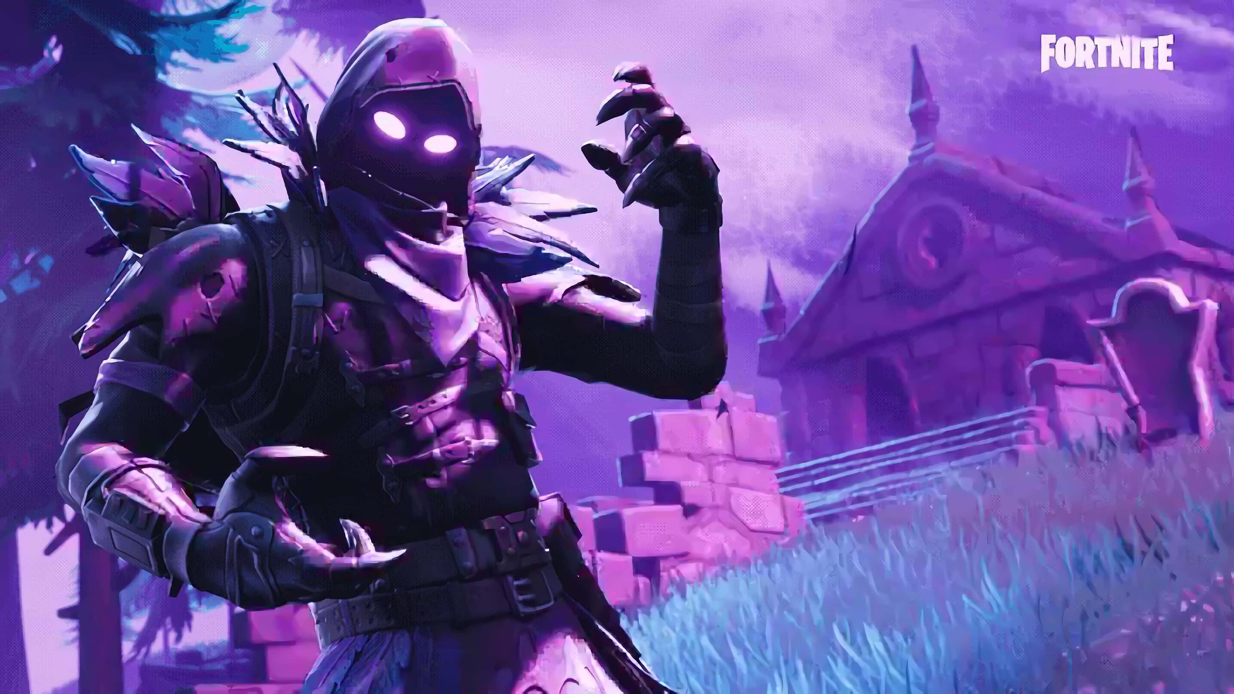 Fortnite 桌布 壁紙 — 一個帶有發光眼睛和爪手套的威脅性Fortnite角色，站在暮色天空下的紫色墓地中。
