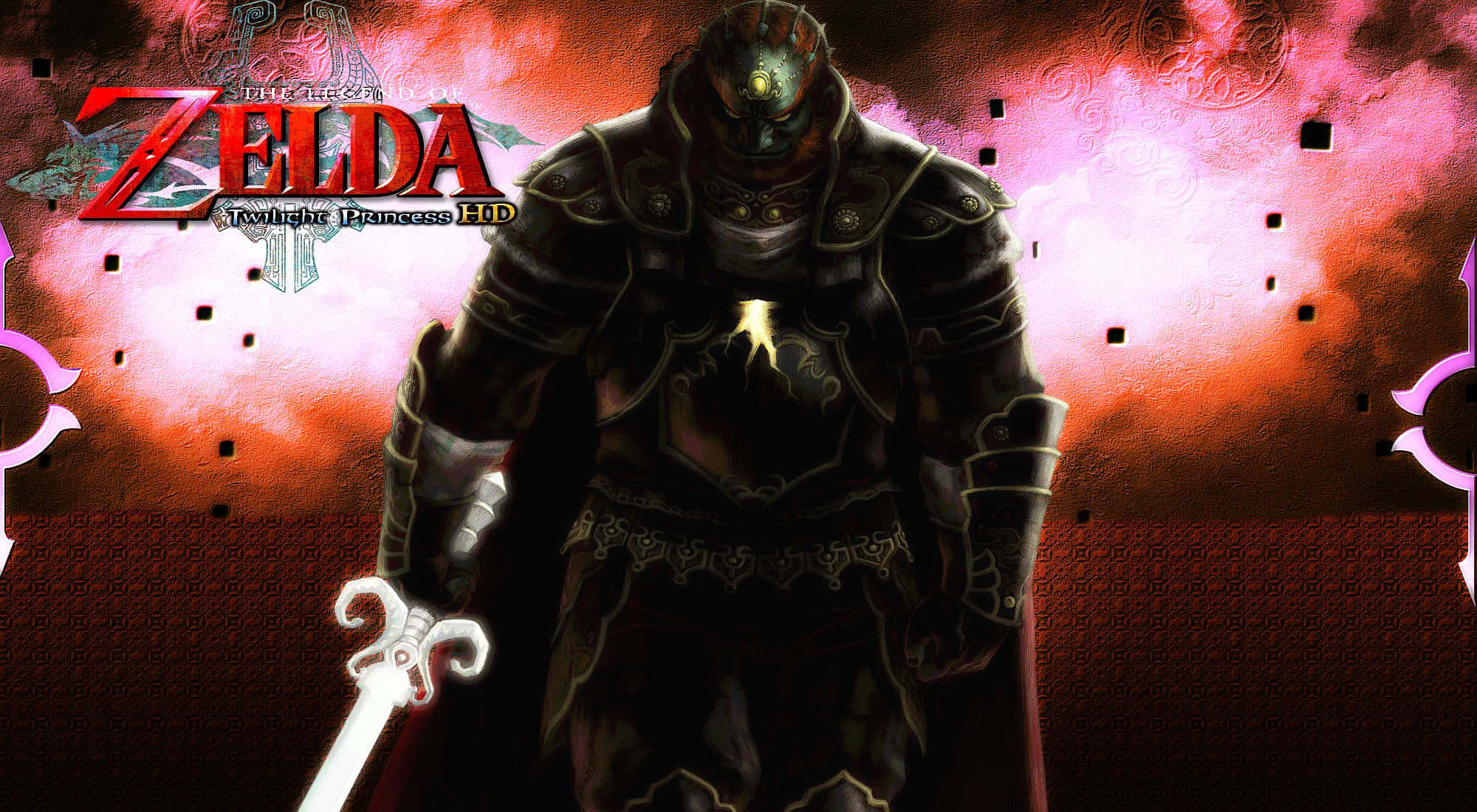 Ganondorf 桌布 壁紙 — 一個帶有發光眼睛和發光劍的威脅性裝甲戰士站在火紅和粉紅色的天空下，帶有遊戲標題文字。