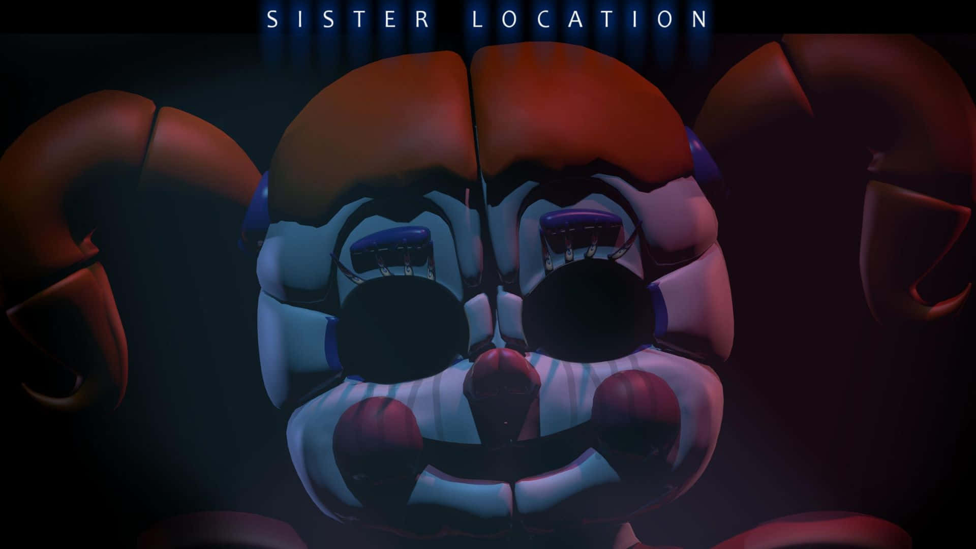 Fnaf Sister Location 桌布 壁紙 — 一個帶有發光眼睛和紅色的威脅性電子動畫小丑在黑暗中的「SISTER LOCATION」文字下若隱若現。