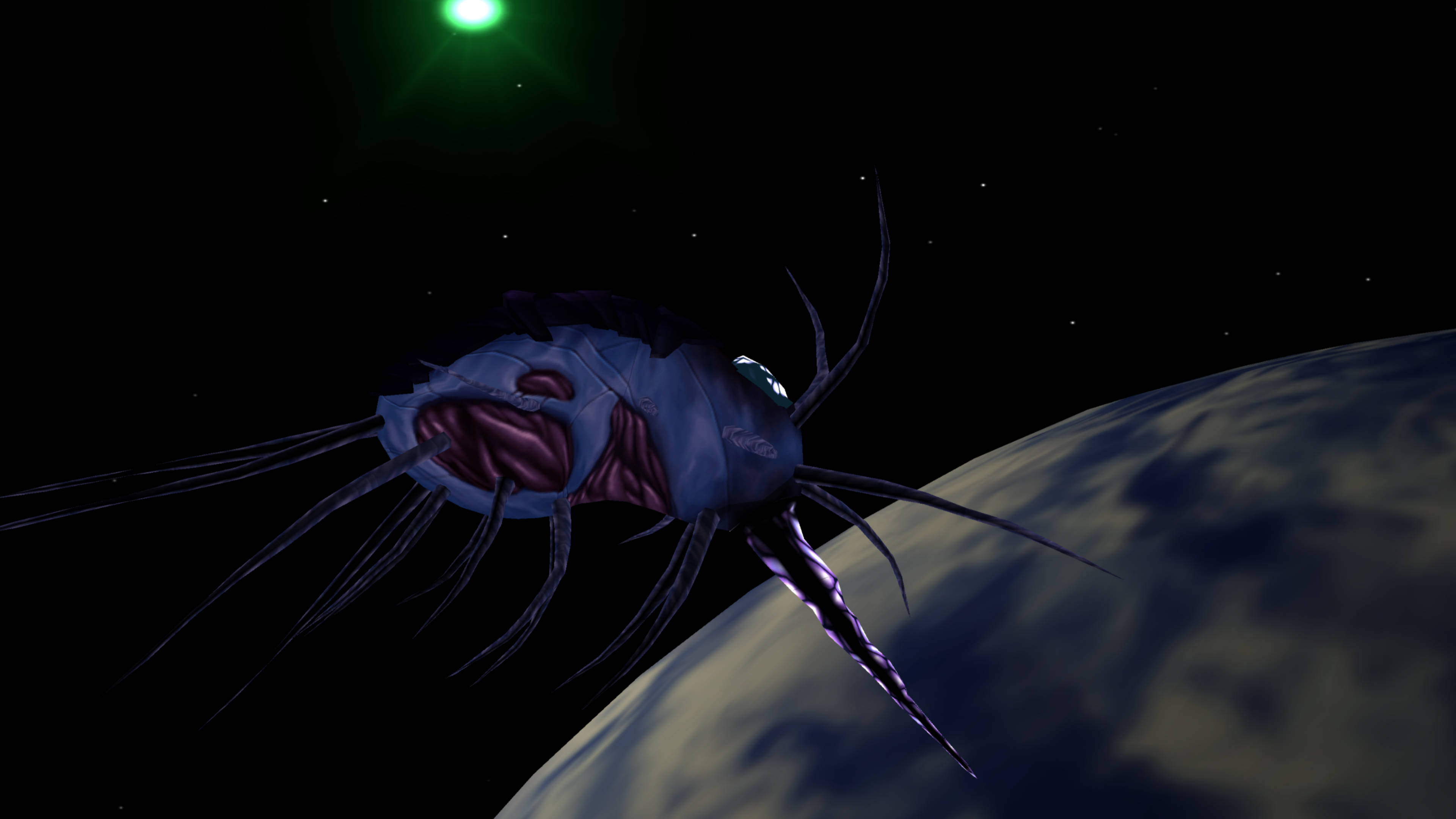 Jak 3 桌布 壁紙 — 一個帶有發光眼睛和細長四肢的威脅性外星生物在太空漂浮，靠近一顆綠色恆星下的行星。