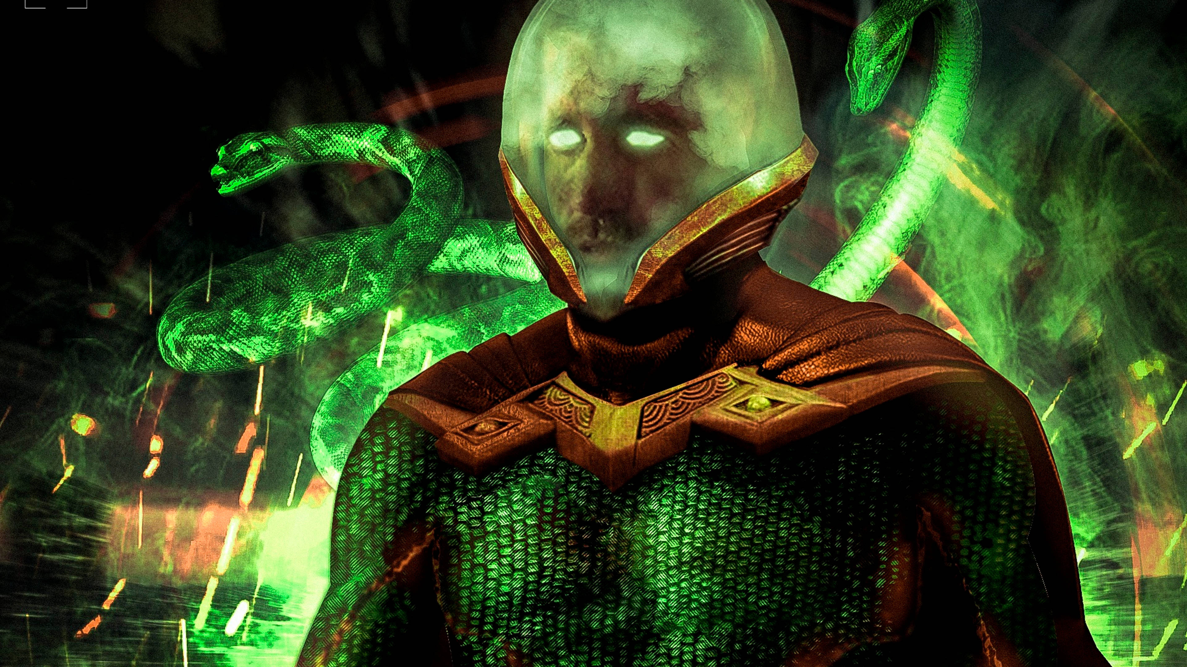 Mysterio 桌布 壁紙 — 一個帶有發光眼睛和綠色蛇纏繞在黑暗裝甲服上的威脅人物，背景是火熱的綠色。