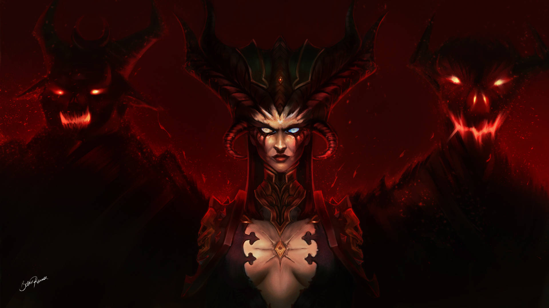 暗黑破壞神4 桌布 壁紙 — 一個帶有發光眼睛和華麗角的女惡魔形象，在深紅色的背景下，兩側有兩個兇惡的紅眼怪物。
