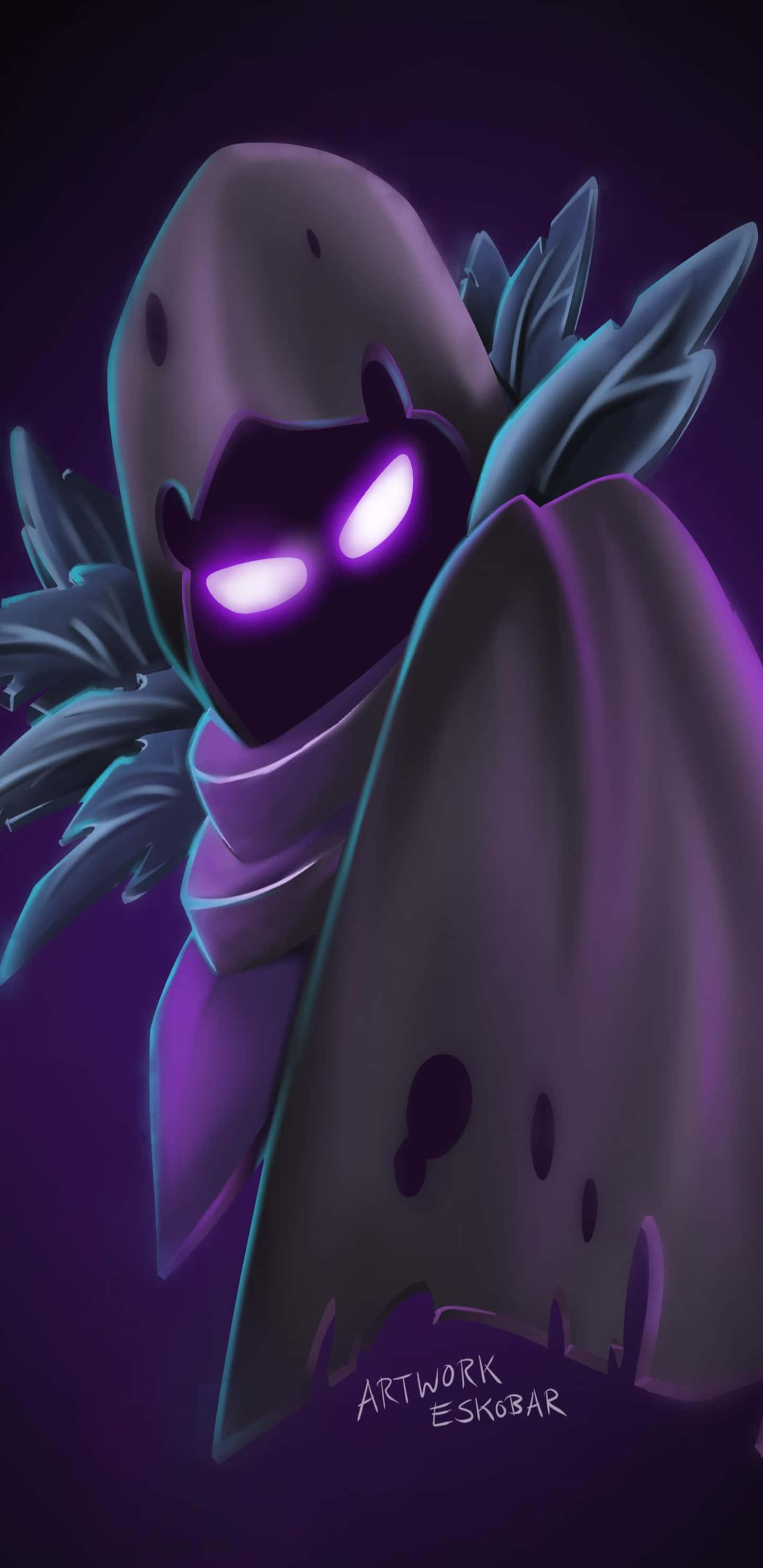 Fortnite 桌布 壁紙 — 一個帶有發光眼睛和葉狀翅膀的威脅性紫色連帽人物站在黑暗背景前。