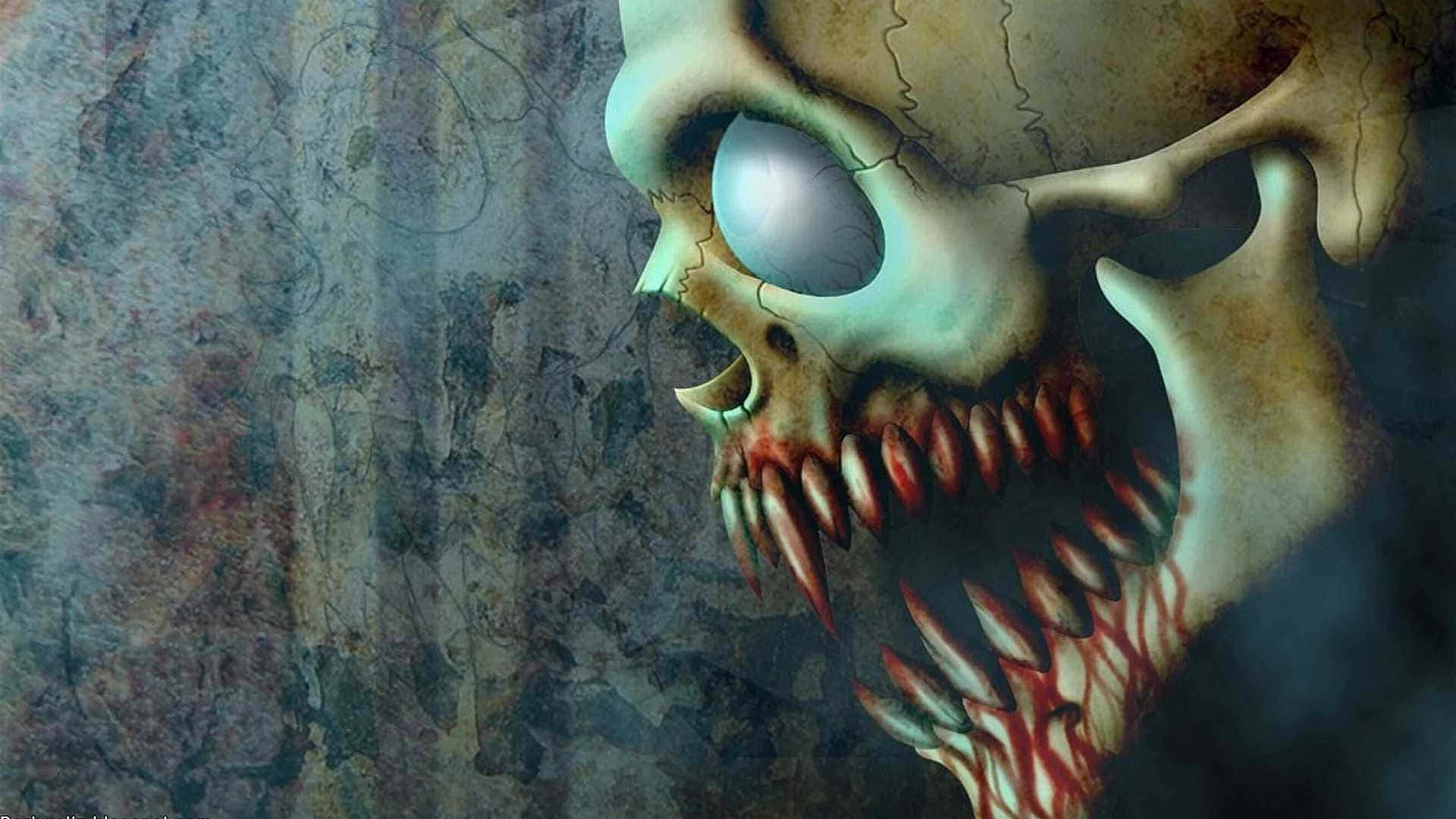 Evil Skull 桌布 壁紙 — 一個帶有發光眼睛和血淋淋尖牙的可怕頭骨，從裂開的骯髒牆壁中浮現，屬於恐怖主題的數位藝術作品。