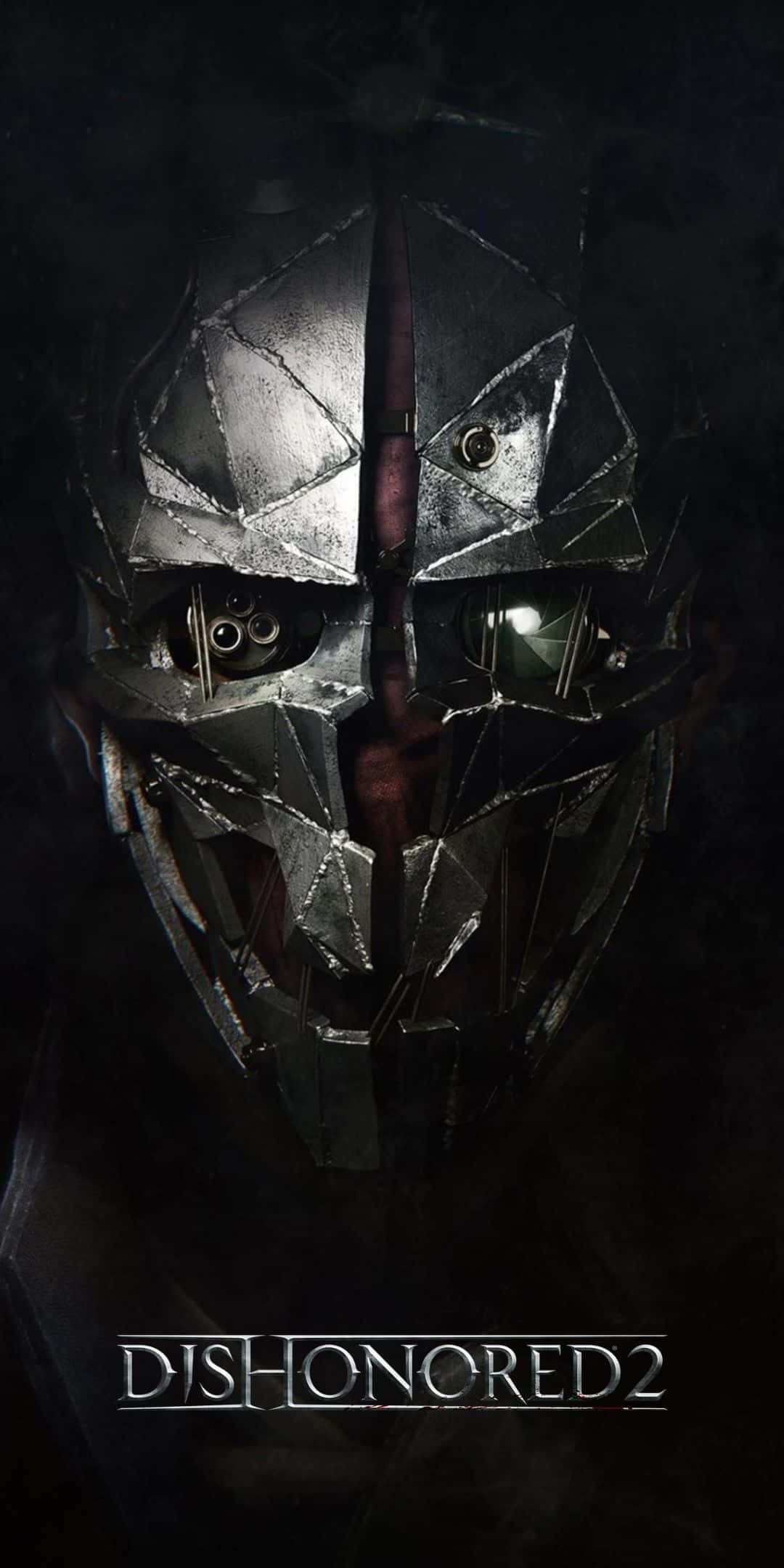 Pixel 3 Dishonored 2 桌布 壁紙 — 一個帶有發光眼睛和裂紋盔甲的威脅性金屬面具，主宰著黑暗煙霧繚繞的背景。