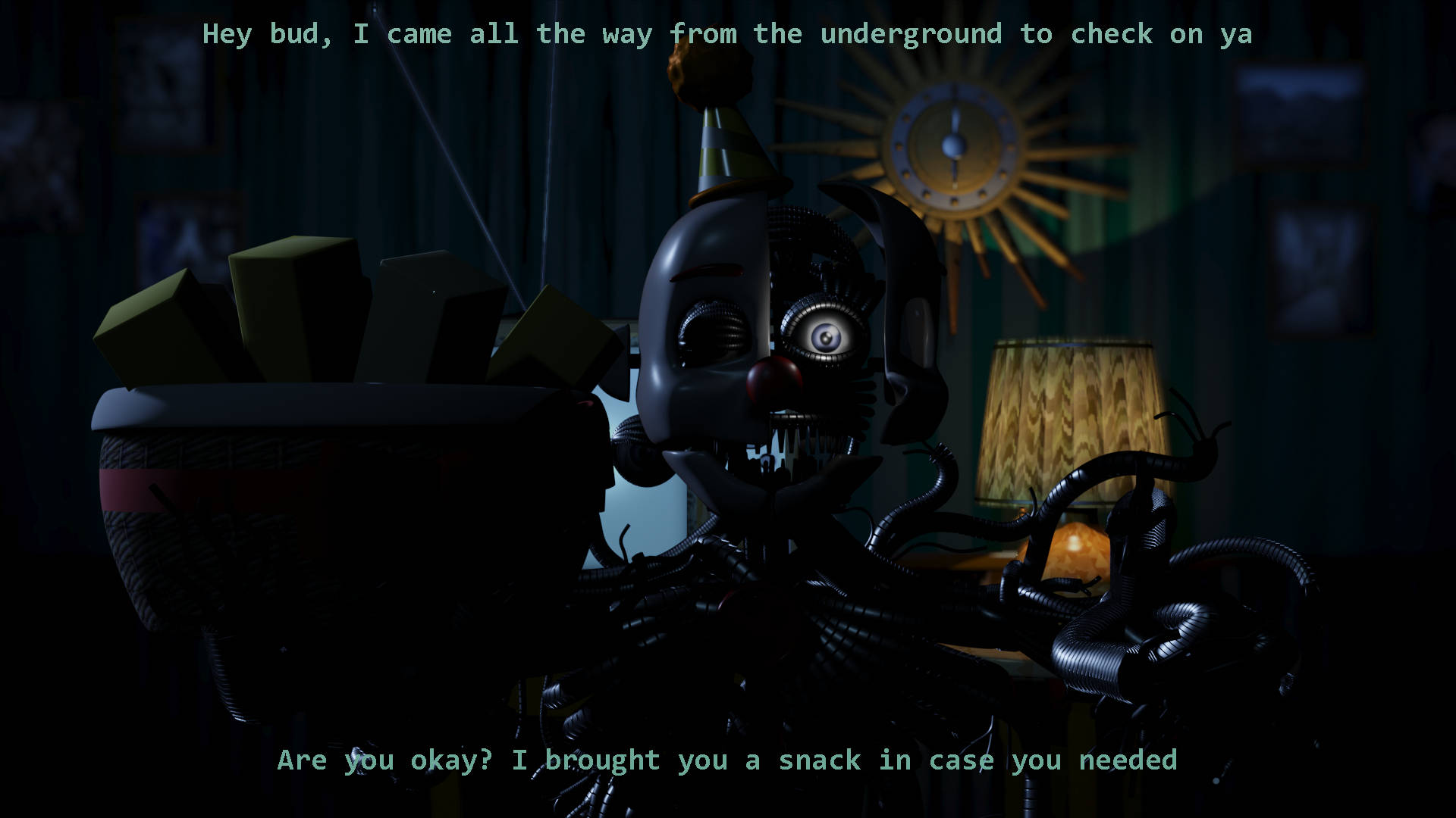 Ennard 桌布 壁紙 — 一個帶有發光眼睛和裸露電線的威脅性電子動畫小丑坐在一個光線昏暗的房間裡，房間裡有一個太陽時鐘和一盞燈。
