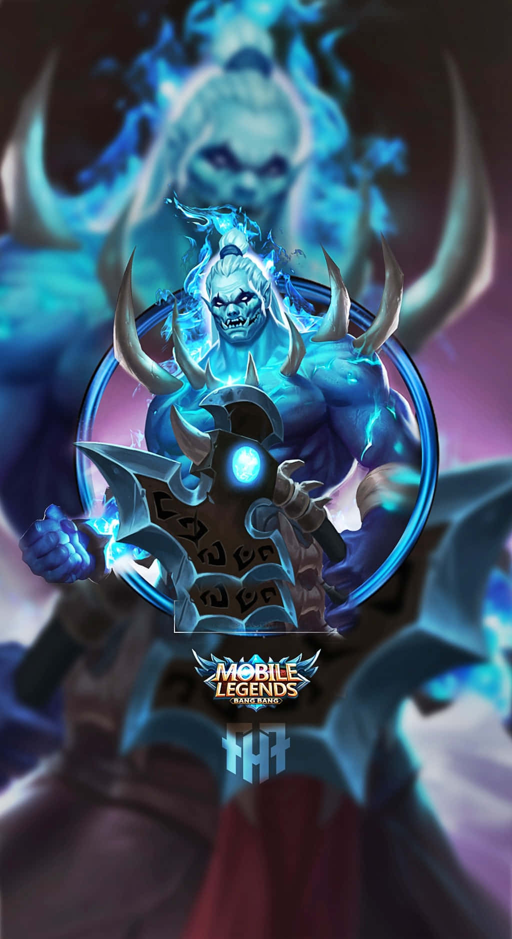 Mobile Gamer 桌布 壁紙 — 一個帶有發光眼睛和角的可怕藍皮膚惡魔戰士，在黑暗神秘背景下揮舞著帶刺的斧頭。