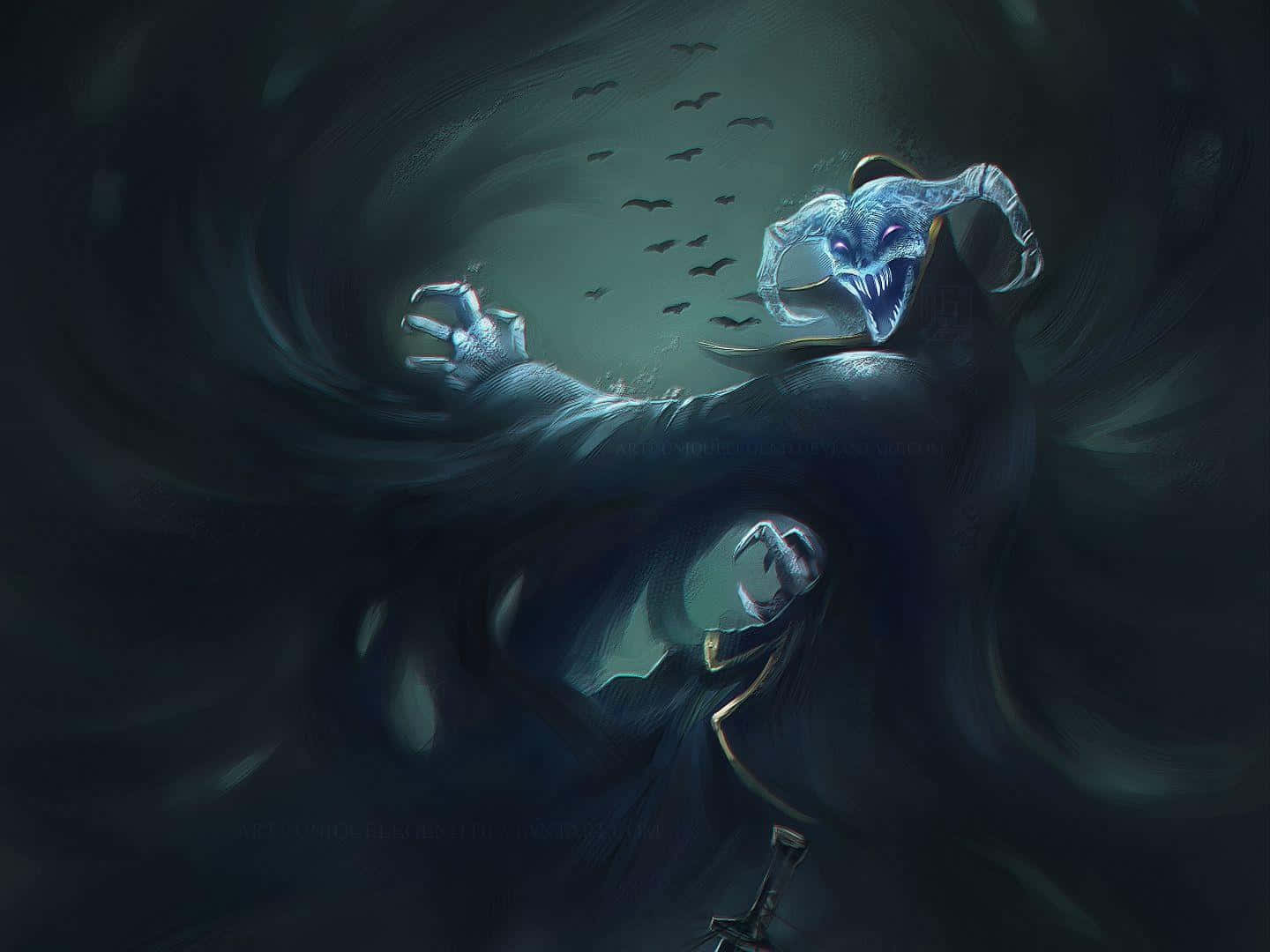 Eerie 桌布 壁紙 — 一個帶有發光眼睛和角的可怕鬼影從旋轉的黑暗迷霧中出現，蝙蝠在頭頂飛翔。
