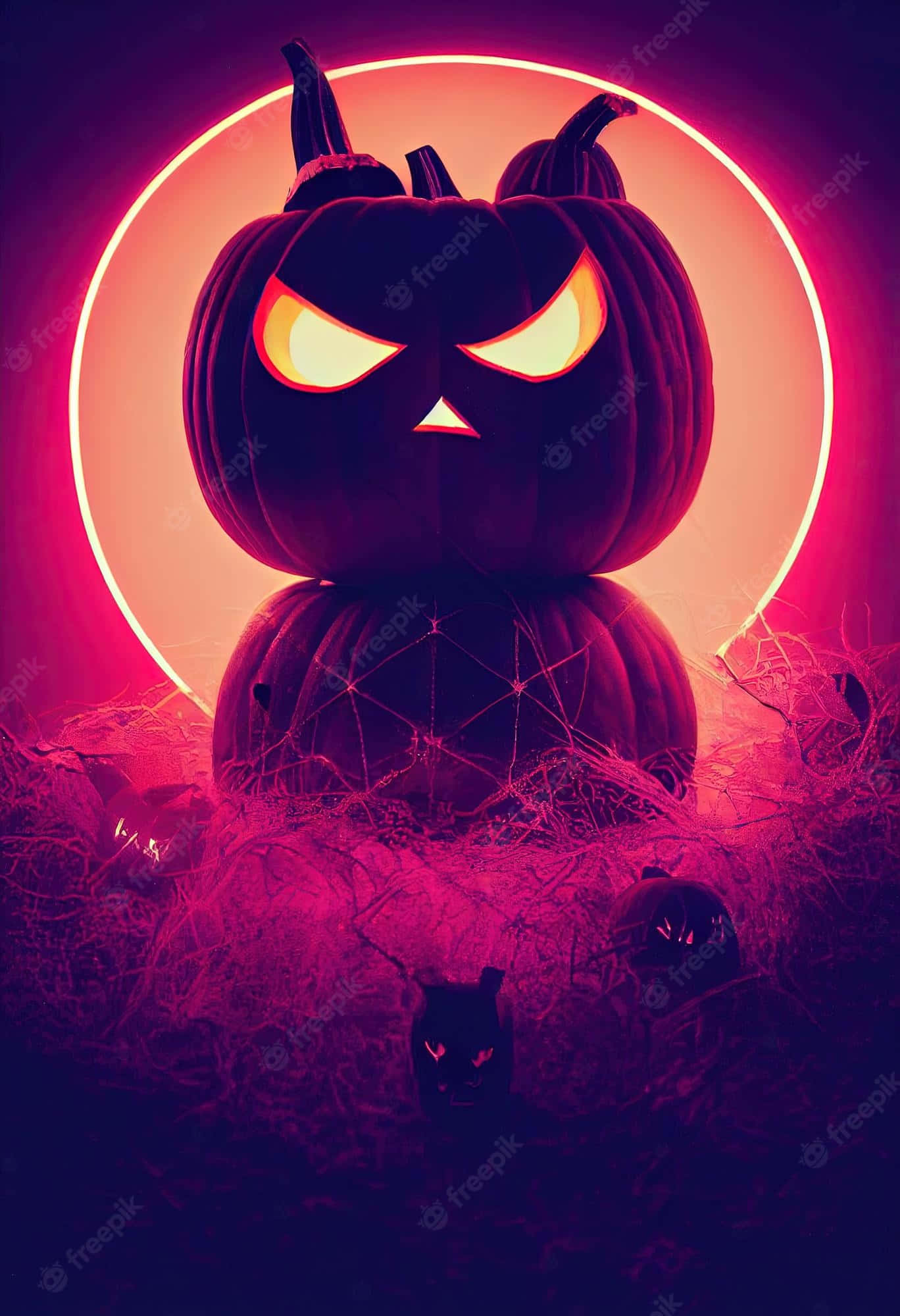 Neon Halloween 桌布 壁紙 — 一個帶有發光眼睛和角的威脅性發光南瓜燈，站在一個由蜘蛛網和小南瓜環繞的霓虹粉紅色圓形背景前。