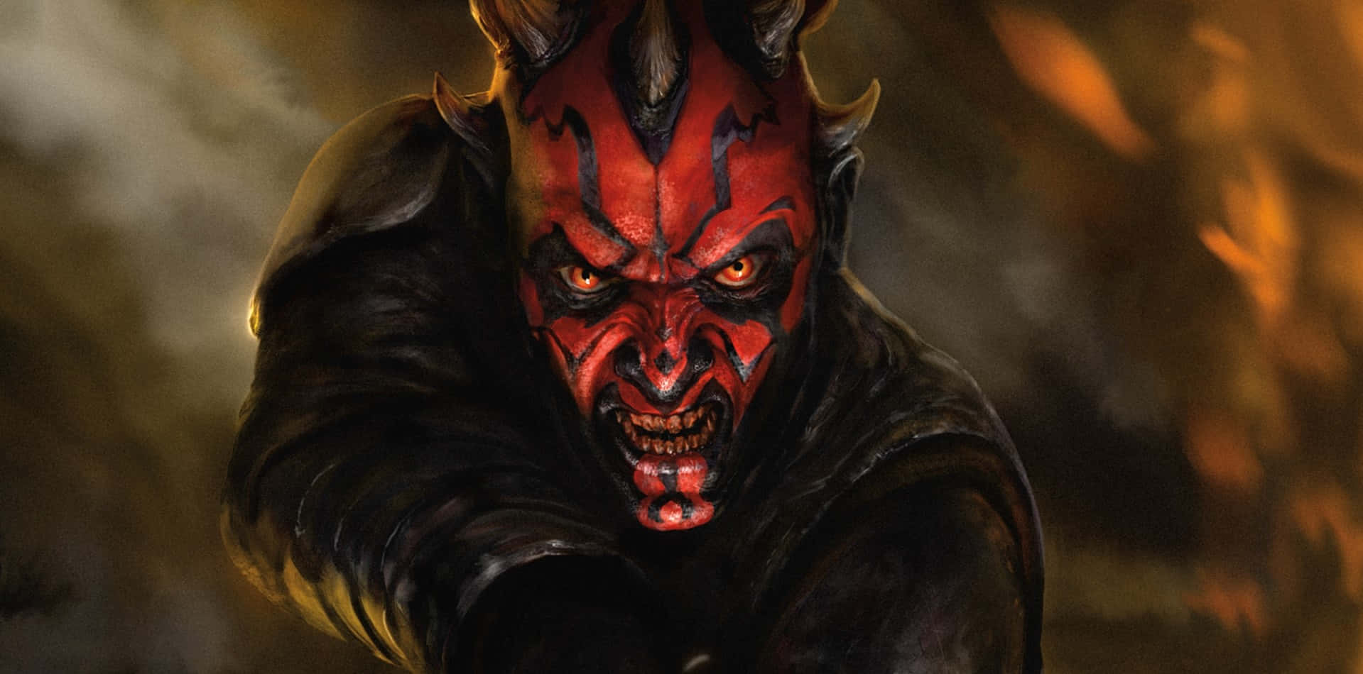 Sith Lord 桌布 壁紙 — 一個帶有發光眼睛和角的威脅性紅皮膚惡魔，在火熱煙霧的背景中向前猛撲。