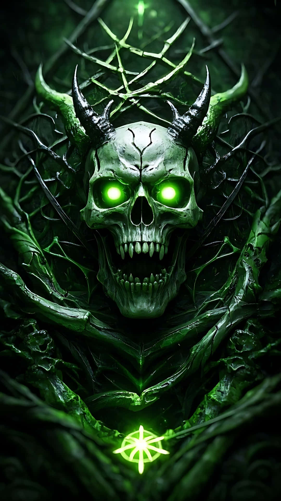 Demonic Skull with Possessed Aura. ghost wallpaper 壁紙 — 一個帶有發光眼睛和角的威脅性綠色頭骨，從扭曲的藤蔓中在詭異的綠光下出現。