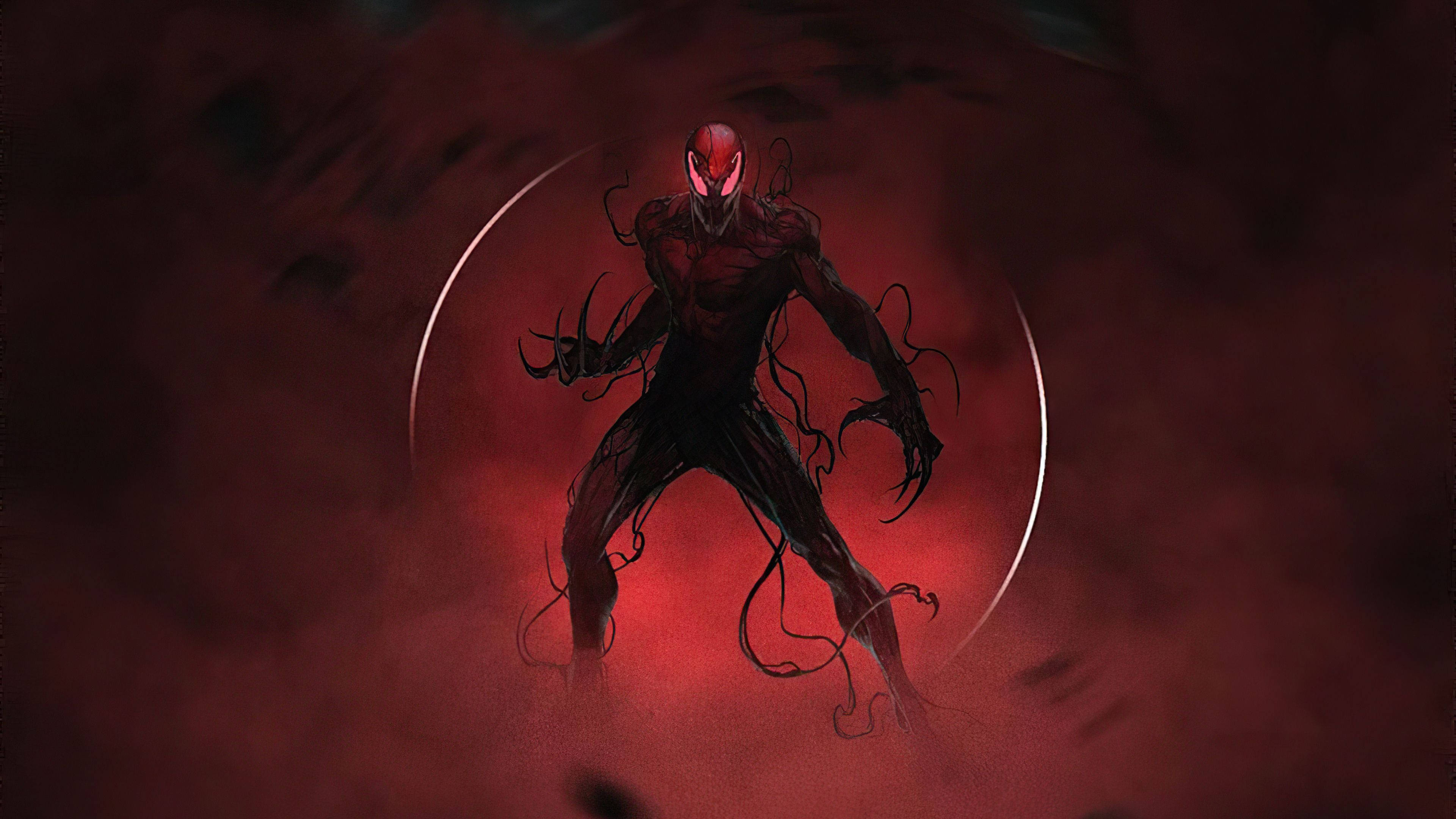 carnage 4K 桌布 壁紙 — 一個帶有發光眼睛和觸手的威脅性紅黑共生生物，站在一個發光環中，背景為深紅色。