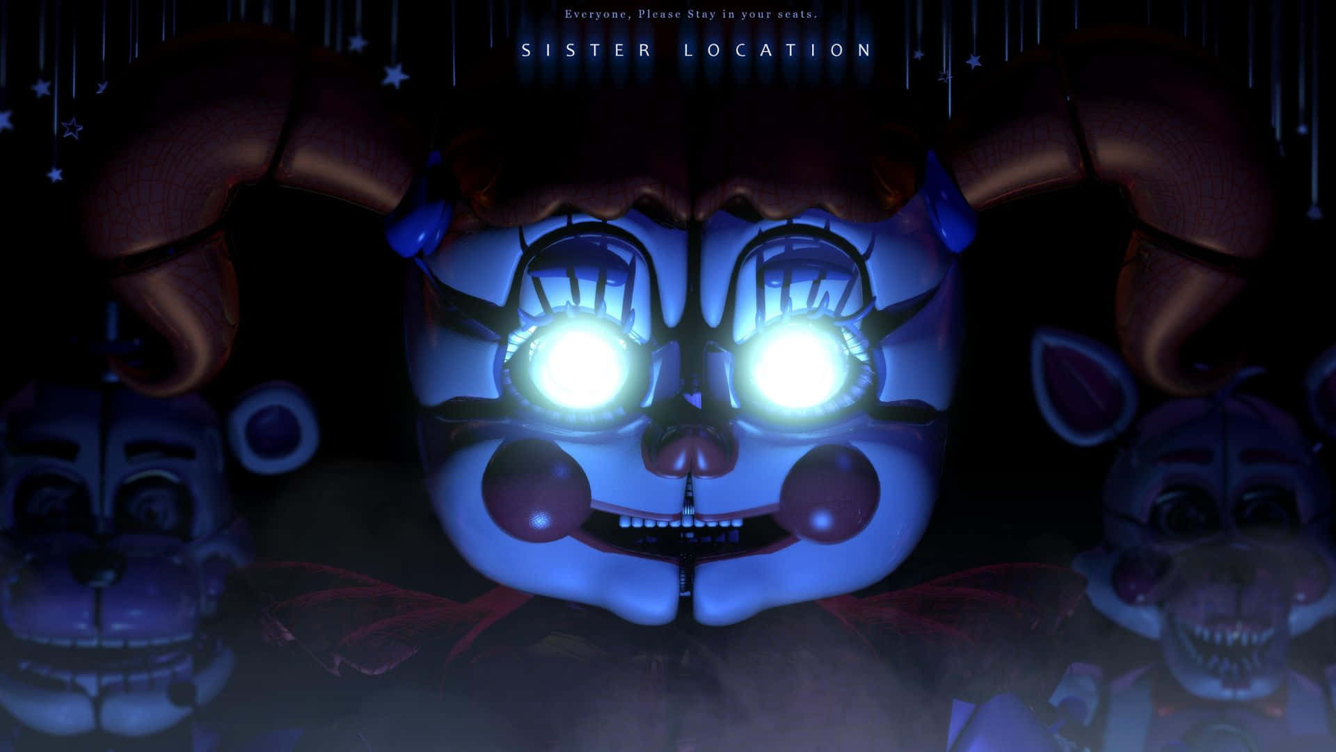 Fnaf Sister Location 桌布 壁紙 — 一個帶有發光眼睛和辮子的威脅性電子動畫在黑暗的房間中若隱若現，背景有雨絲和其他電子動畫。
