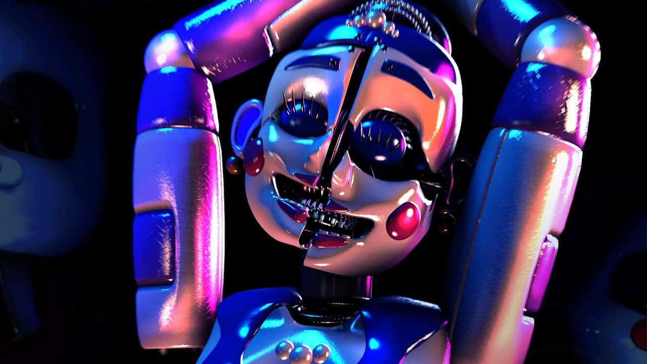 smiling 桌布 壁紙 — 一個帶有發光眼睛和金屬四肢的威脅性電子動畫在霓虹藍和紫色燈光下擺姿勢。