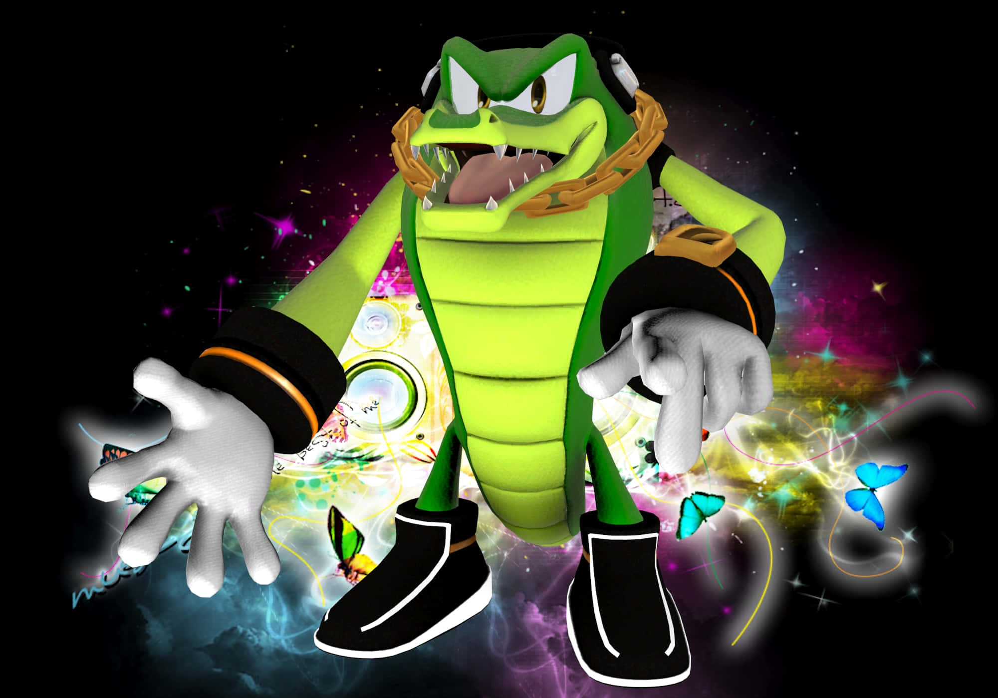 Vector The Crocodile 桌布 壁紙 — 一個帶有發光眼睛和金鏈的兇猛綠色鱷魚角色，站在一個有彩色蝴蝶和能量漩渦的宇宙背景前。