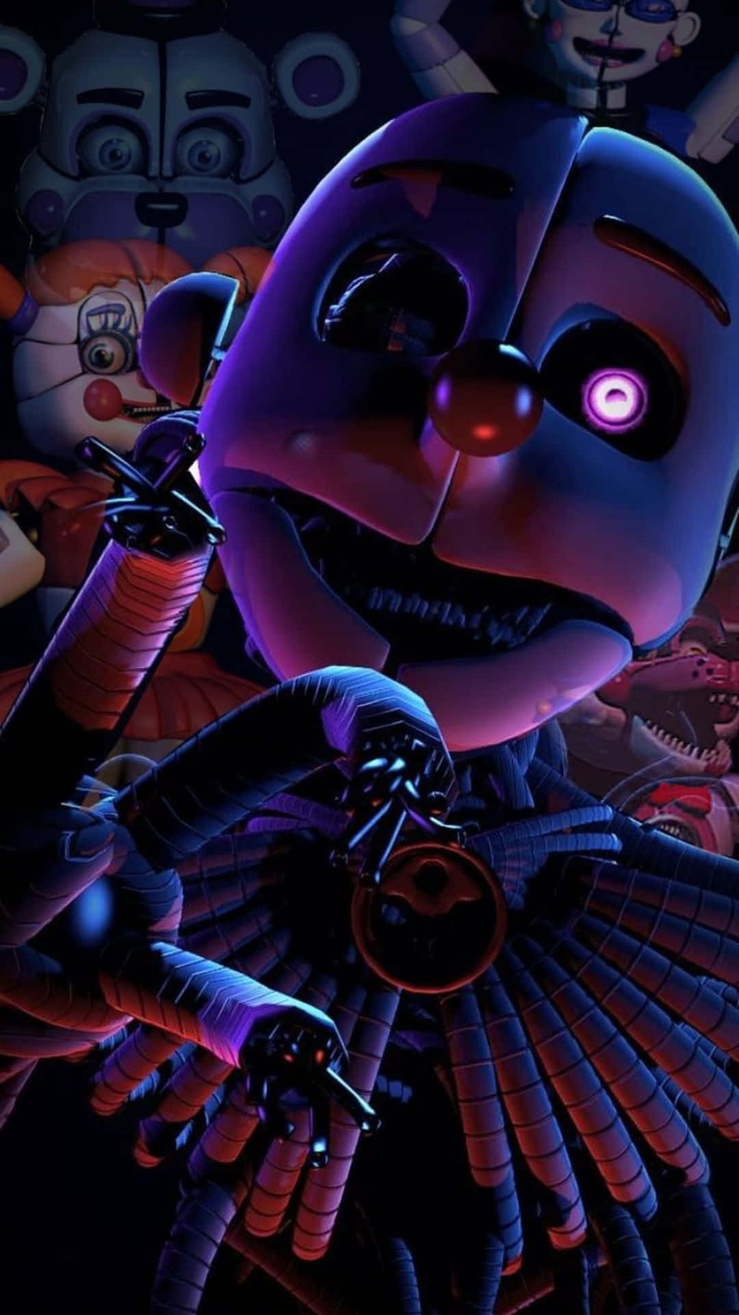 Fnaf Sister Location 桌布 壁紙 — 一個帶有發光眼睛和鋒利刀片的紫色恐怖機械人在黑暗擁擠的場景中若隱若現。