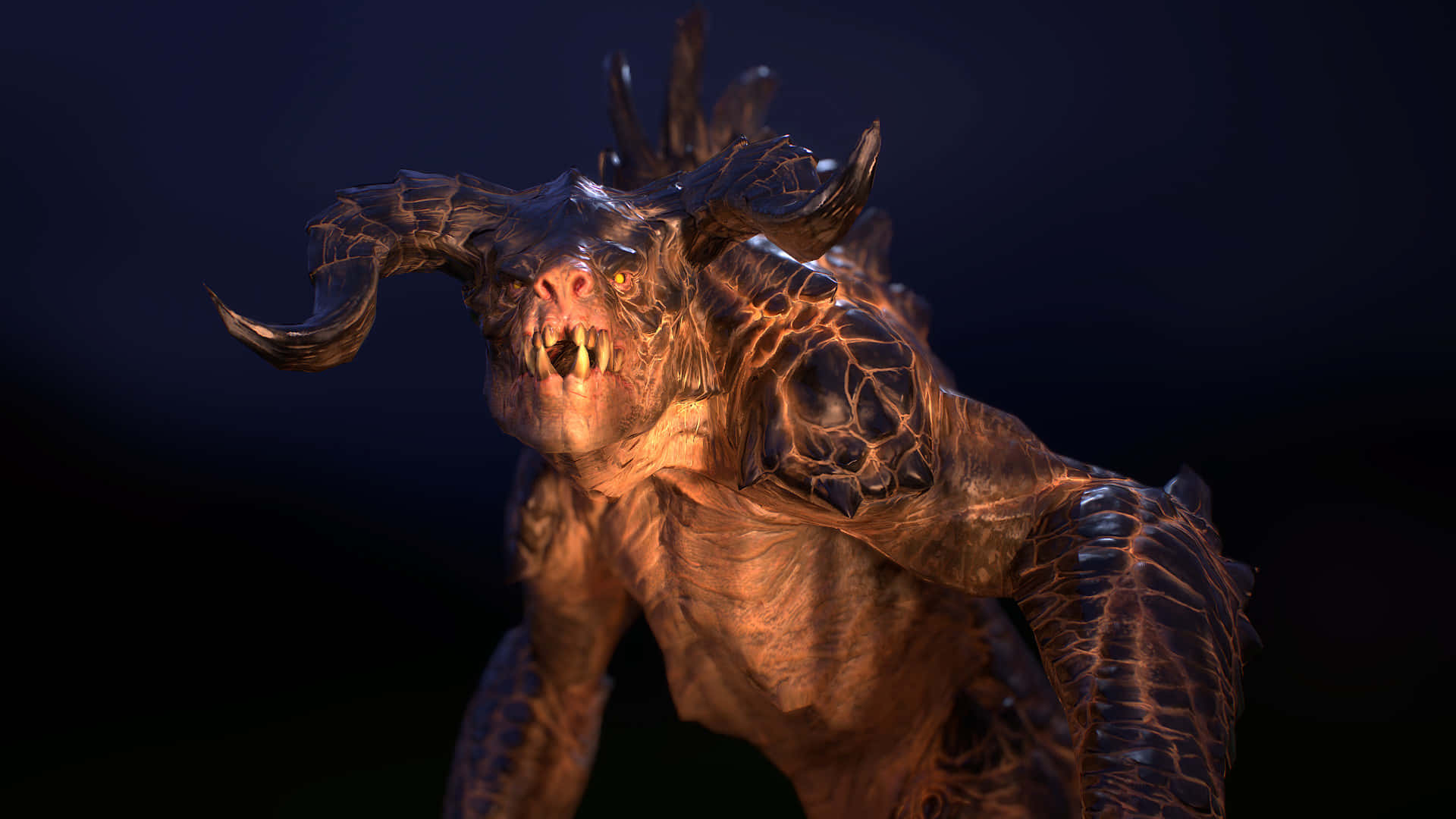 Deathclaw 桌布 壁紙 — 一個帶有發光眼睛和鋸齒狀牙齒的威脅性有角惡魔，在黑暗背景前向前猛撲。