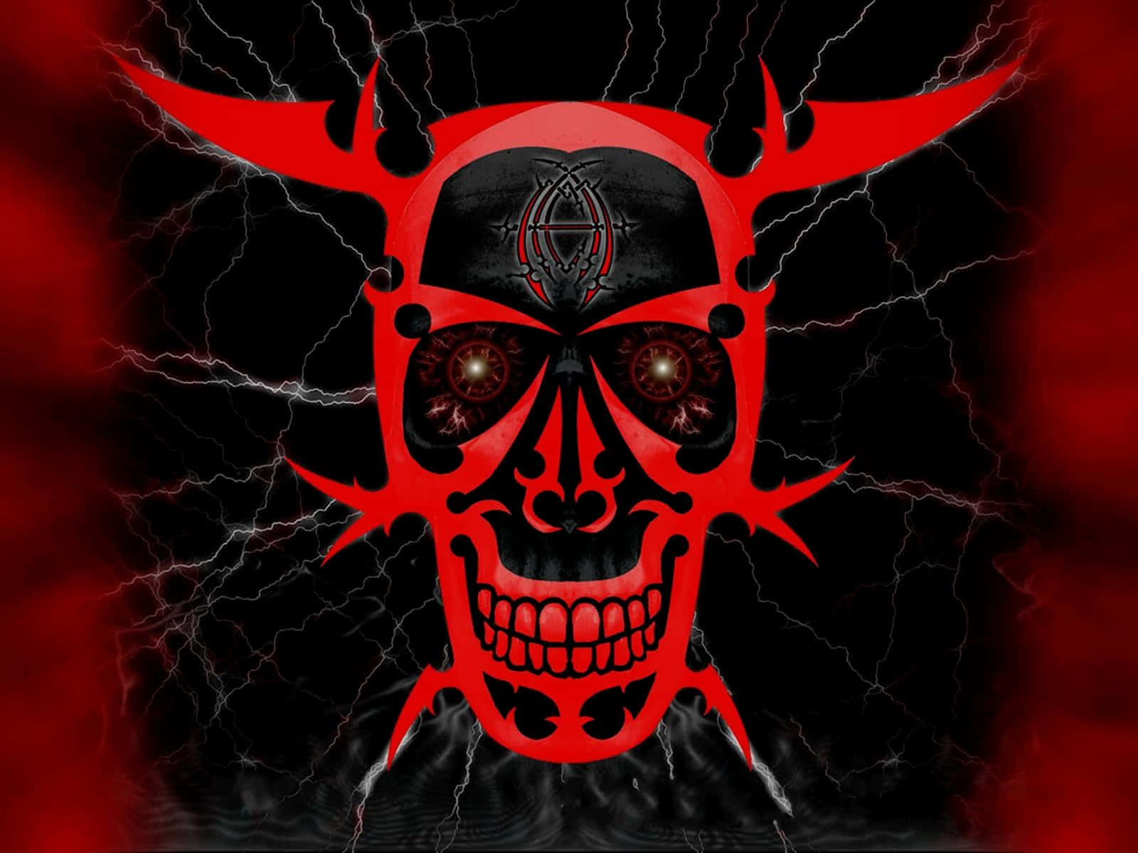 Awesome Skull 桌布 壁紙 — 一個帶有發光眼睛和閃電的威脅性紅色頭骨，背景為深色。
