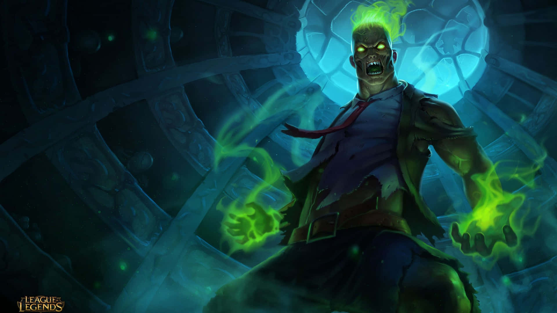 Best League Of Legends 桌布 壁紙 — 一個帶有發光眼睛和雙手的綠色皮膚殭屍，在黑暗的圓形石室中釋放出熾熱的能量。
